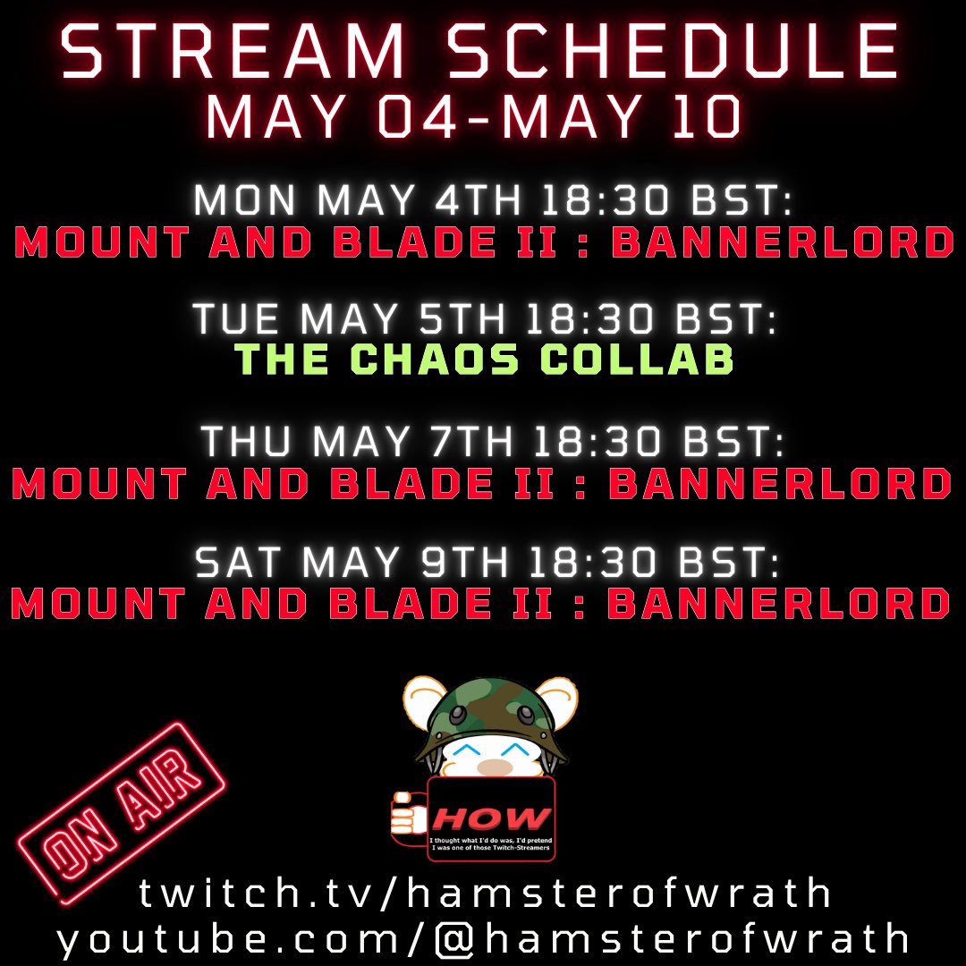 StormHamster's tweet image. Next Weeks Schedule for twitch.tv/hamsterofwrath &amp;amp; youtube.com/@HamsterOfWrath

#Twitch #Youtube #Gaming #Livestream #Bannerlord #JumpSpace