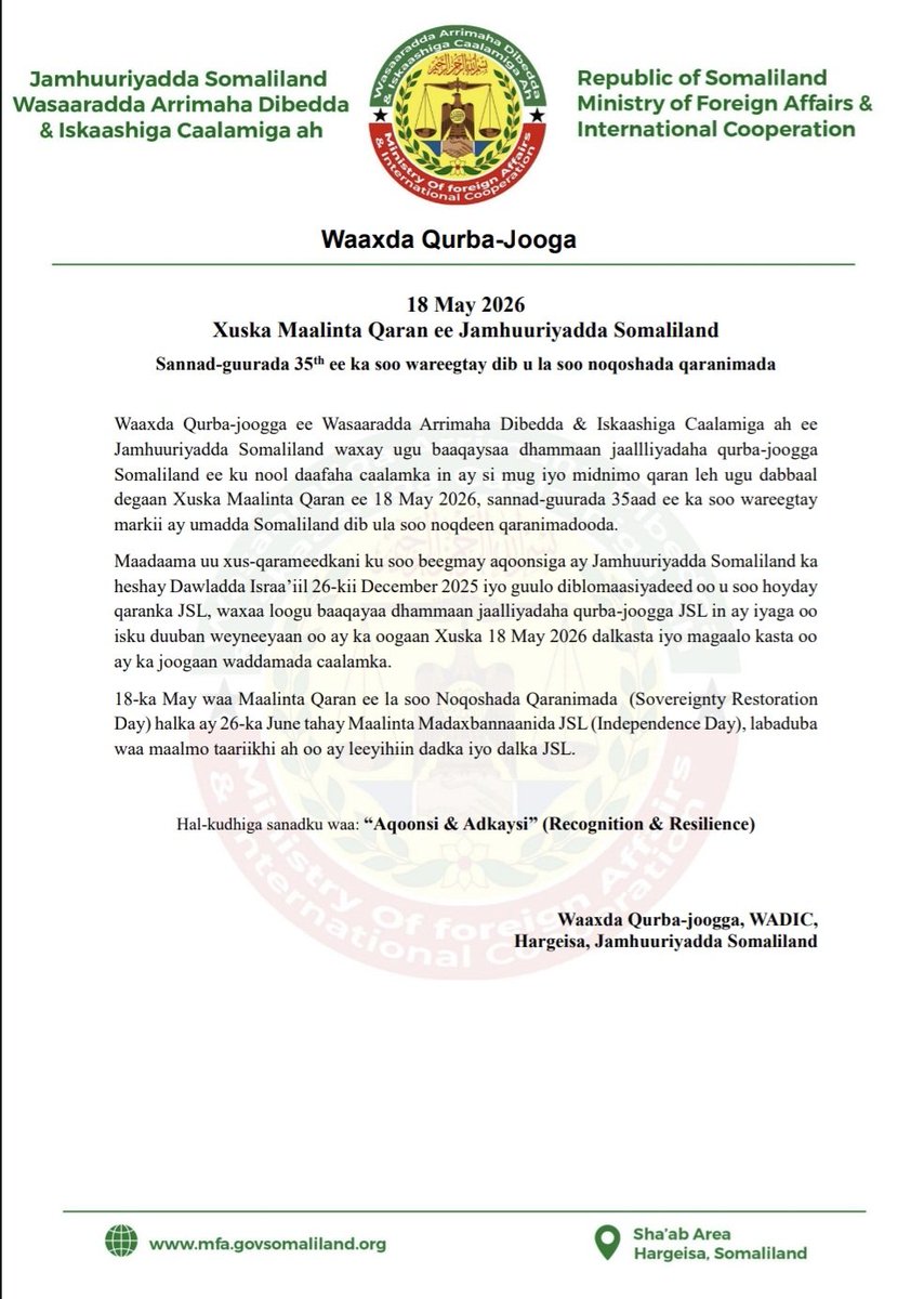 SldiasporaGN's tweet image. XUSKA MAALINTA QARAN #18May #Somaliland #RestorationOfSovereignty #35thAnniversary