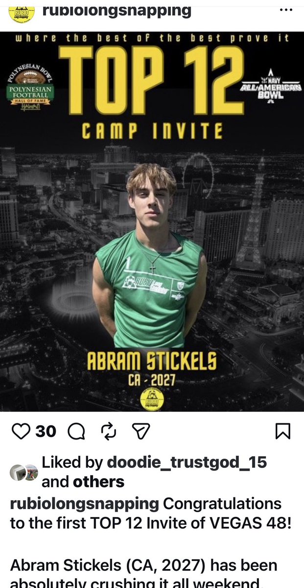 Phil34Coach's tweet photo. Congratulations to Frontier HS, Bakersfield, Jr. Abram Stickels for His Invite to Rubio National Top 12 Camp.  HUGE ACCOMPLISHMENT!! #CoachPhilLongSnapping @Sticks_Football @TheChrisRubio @CruzARubio @HKA_Tanalski @HKA_Baltar https://t.co/o9Xi7sPL9F