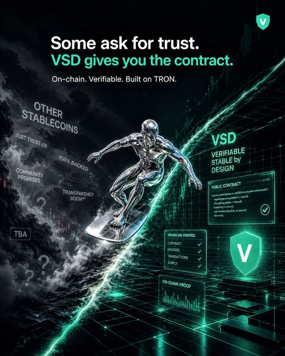 CommunityVSD's tweet image. Most stablecoins ask you to believe the promise.

$VSD starts with something you can verify:
a public TRC-20 contract on TRON.

Less reassurance.
More proof.

Contract, supply, transactions — all inspectable on-chain.

→ Check the contract.
→ Built on TRON.

$VSD #TRON #TRC20