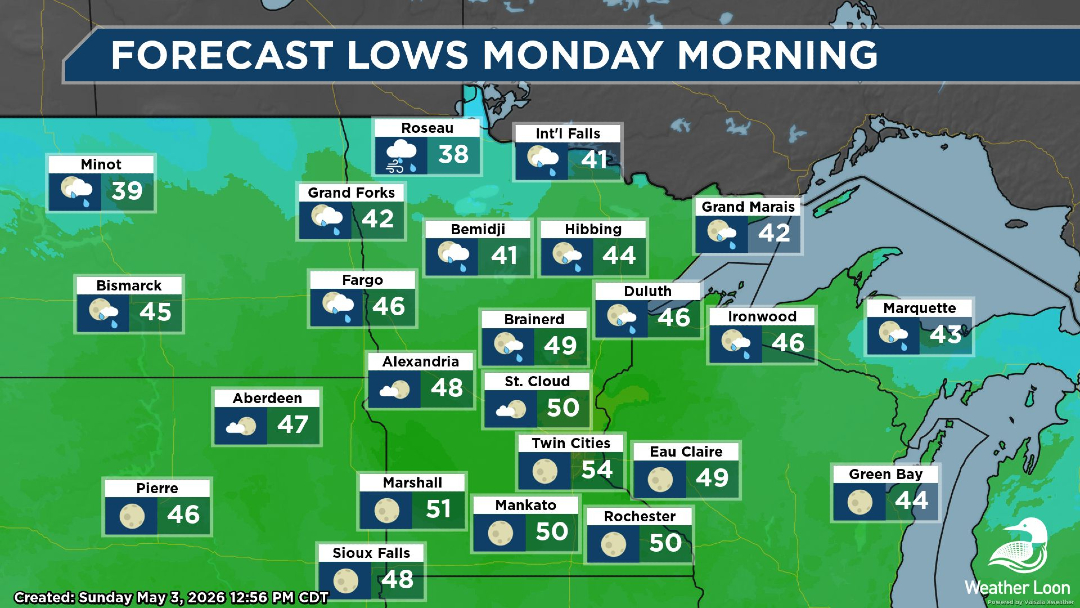WeatherLoon's tweet photo. Enjoy a mild night before a cold front rolls across the region. By Tuesday and Wednesday, high temperatures will be in the ballpark of tonight's lows, and overnight temps will return to frost/freeze territory. #WeatherLoon #mnwx
https://t.co/qHOMI8EZoR https://t.co/BY97TBAfDQ