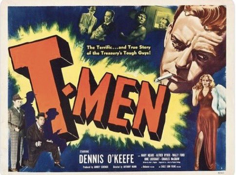 PaulPar's tweet image. A federal bureaucrat's dreadful intro and faux documentary voice-over narration can't sink "T-Men" (1947). Cinematographer John Alton's pools of dark, inky shadows inhabit the frame, and figures dappled in light emerge like denizens of a saturnine underworld. #filmnoir