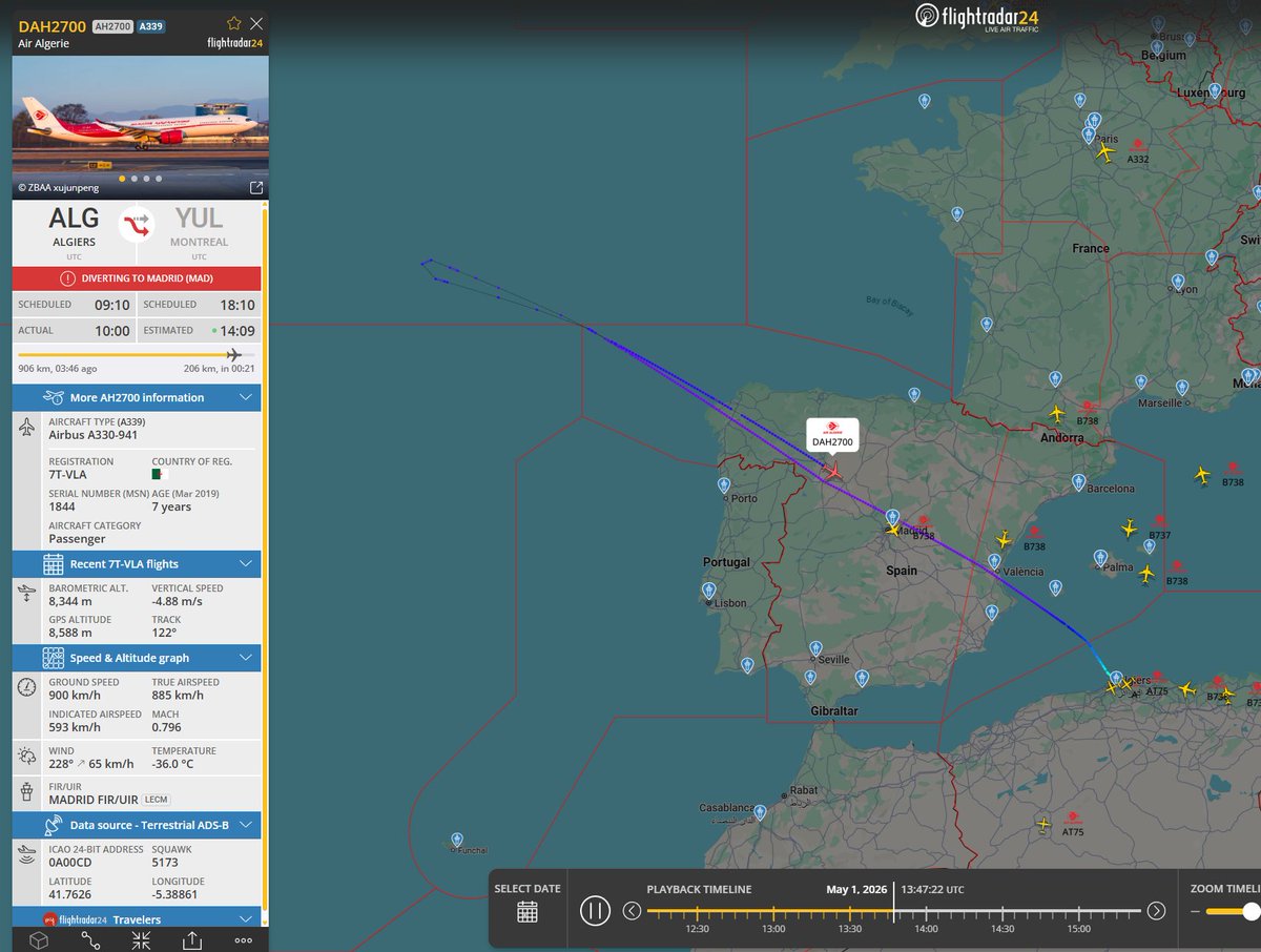 b737m's tweet photo. #Emergency_Landing  🚨🚨🚨
#Squawk Alert 7700 
#AirAlgerie 🇩🇿
#DAH2700 
#Airbus A330-941 
Reg: 7T-VLA
From #Algiers 🇩🇿 to #Montreal 🇨🇦
Diverting to #Madrid 🇪🇸

Date : 01/05/2026

#الجزائر 🇩🇿
. https://t.co/7VbR6L2TcG