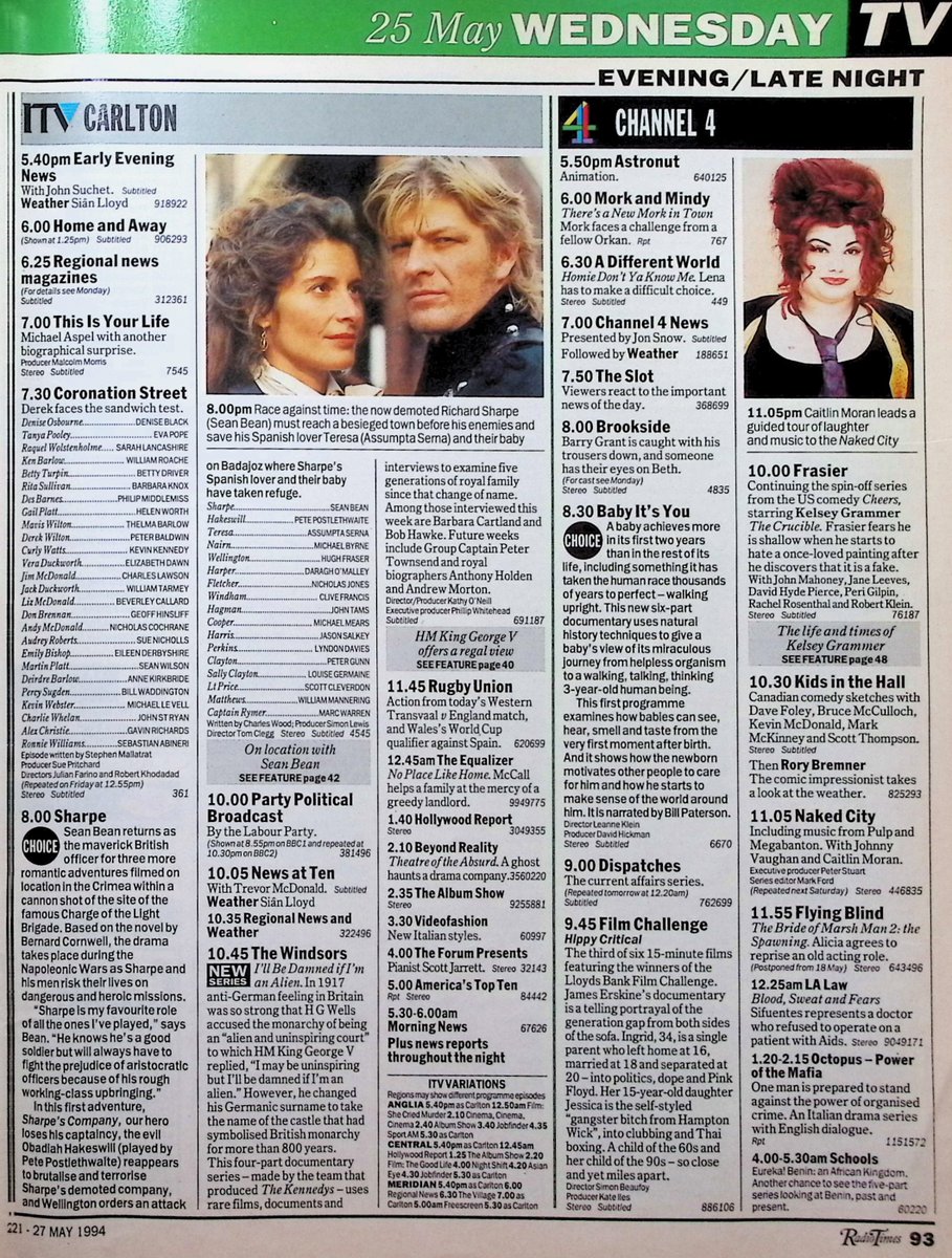 TvDidYouSee's tweet photo. #OnThisDay 25 May 1994 📺TV Listings
#SeanBean returns as the maverick British officer in SHARPE.
Derek faces the sandwich test in #CoronationStreet.
WIPEOUT is a brand-new quiz hosted by #PaulDaniels.
#Pulp guest on NAKED CITY.
#DouglasHodge in Screen Two: MEN OF THE MONTH. https://t.co/ipBeYfrDTM
