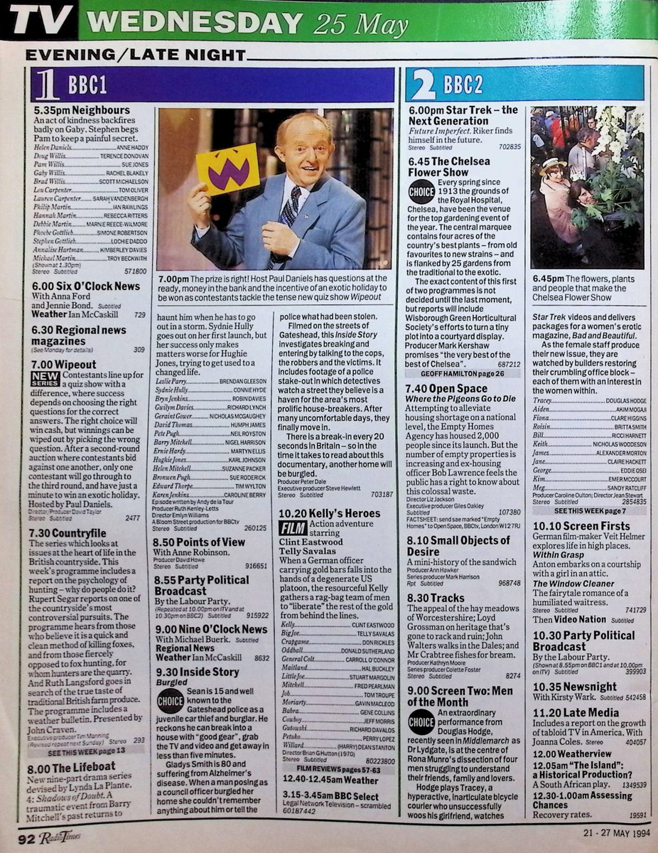 TvDidYouSee's tweet photo. #OnThisDay 25 May 1994 📺TV Listings
#SeanBean returns as the maverick British officer in SHARPE.
Derek faces the sandwich test in #CoronationStreet.
WIPEOUT is a brand-new quiz hosted by #PaulDaniels.
#Pulp guest on NAKED CITY.
#DouglasHodge in Screen Two: MEN OF THE MONTH. https://t.co/ipBeYfrDTM