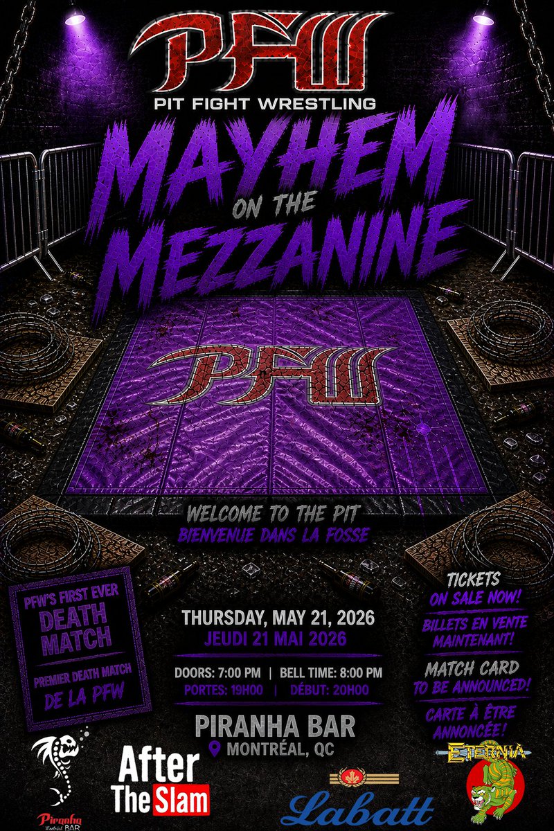 PfwMtl's tweet photo. May 21st we return to the Pit with Mayhem on the Mezzanine!
Tickets on sale now! 
👇👇👇👇👇👇👇👇👇👇👇👇👇👇
https://t.co/OgahZCl4F3

#indywrestling #wrestling #mayhem #deathmatch #montreal https://t.co/HPERPSCu9f