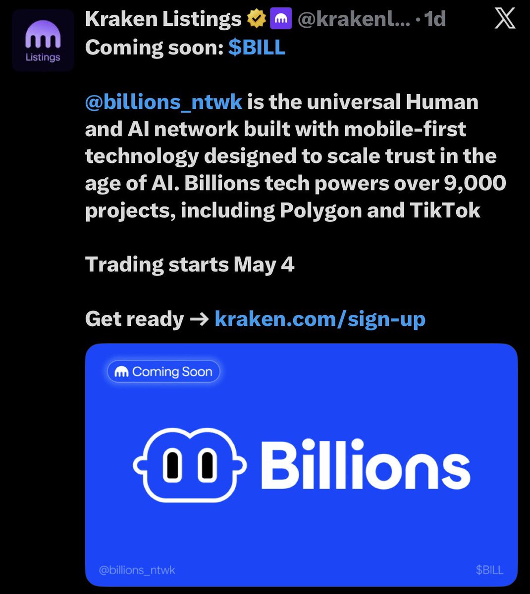 EdstechD's tweet photo. billions tge tomorrow 

not expecting much tbh, if i get my investments back i will be good.

team already moved sus 

list of $BILL confirmed exchanges 

- MEXC
- Binance Alpha 
- Kraken
- Kucoin
- Okx

trading starts: 08:00 on May 4, 2026 (UTC) https://t.co/6xTDioBJHK