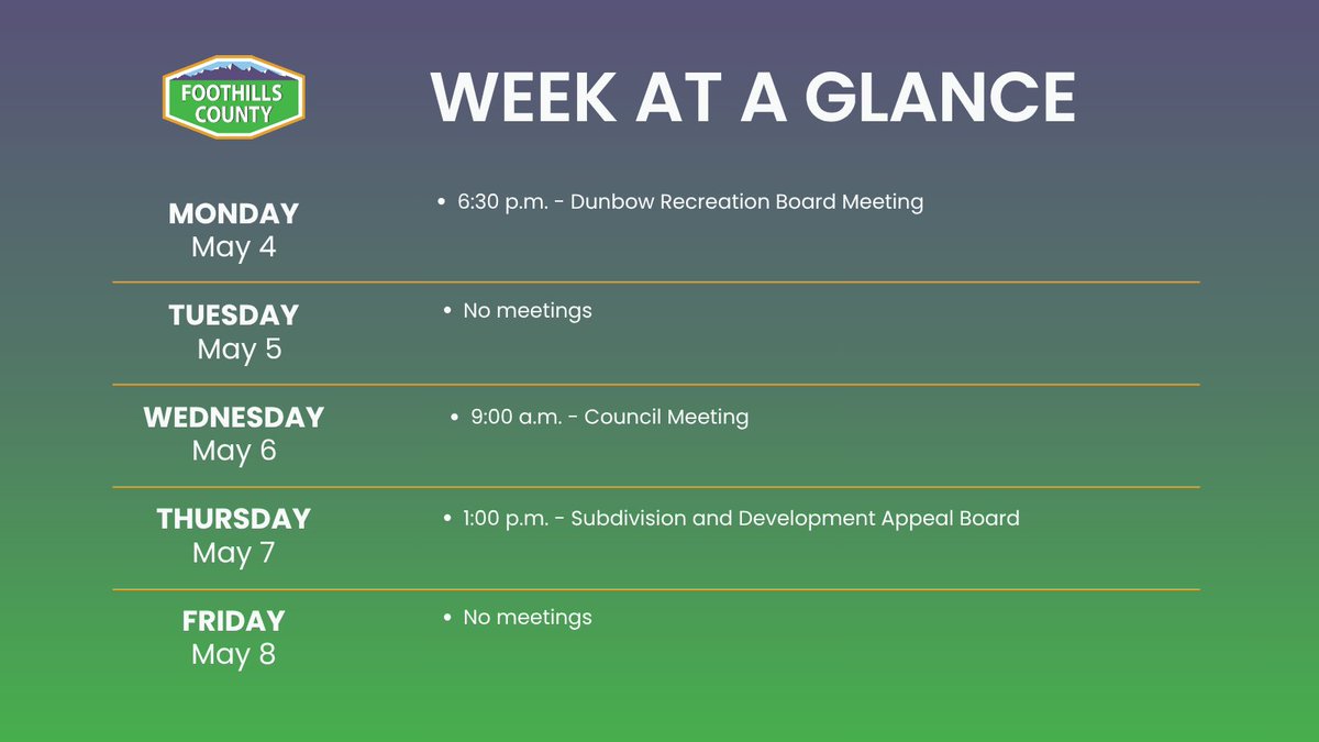 What's happening at Foothills County this week? 
Check out our Week at a Glance to see upcoming meetings. For agendas and livestream access, visit foothillscountyab.ca/government/cou…