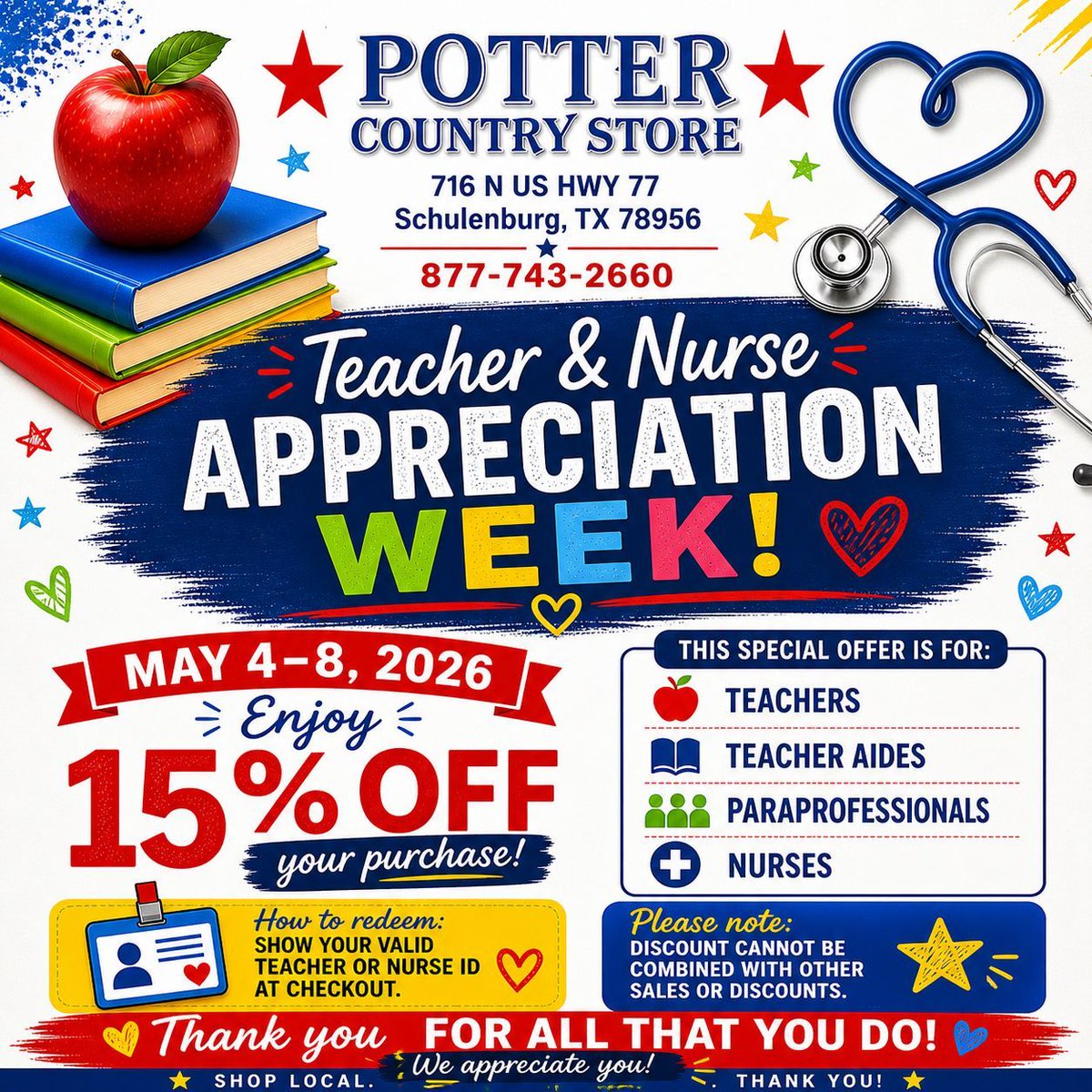PotterPecan's tweet photo. 🍎💙Teacher &amp; Nurse Appreciation Week💙🍎

May 4-8, 2026
🎉Enjoy 15% Off Your Purchase🎉

✔️Show you Teacher or Nurse ID at checkout https://t.co/hwgjzx1Fqx