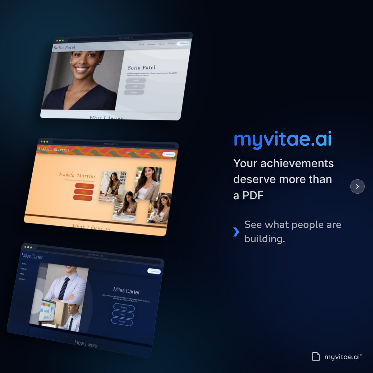 myvitae_ai's tweet image. Researchers, designers, engineers — all building personal websites that make them impossible to ignore. Every one built in minutes, no code required.

🔗 myvitae.ai

#personalwebsite #portfolio #myvitae