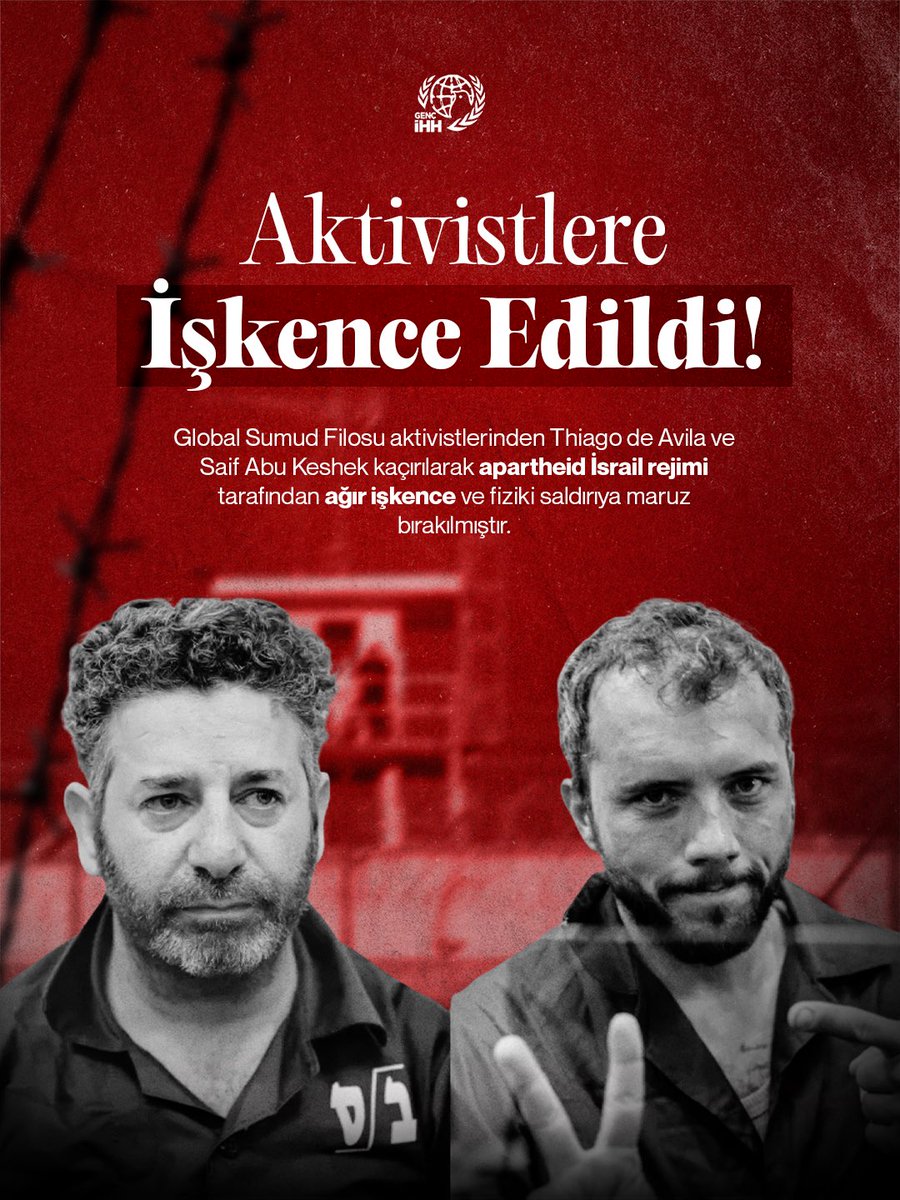 ihhgenc's tweet photo. 🔴 Global Sumud Filosu aktivistlerinden Thiago de Avila ve Saif Abu Keshek kaçırılarak, apartheid İsrail rejimi tarafından ağır işkence ve fiziki saldırıya maruz bırakıldı. https://t.co/XuPFxzzHsc