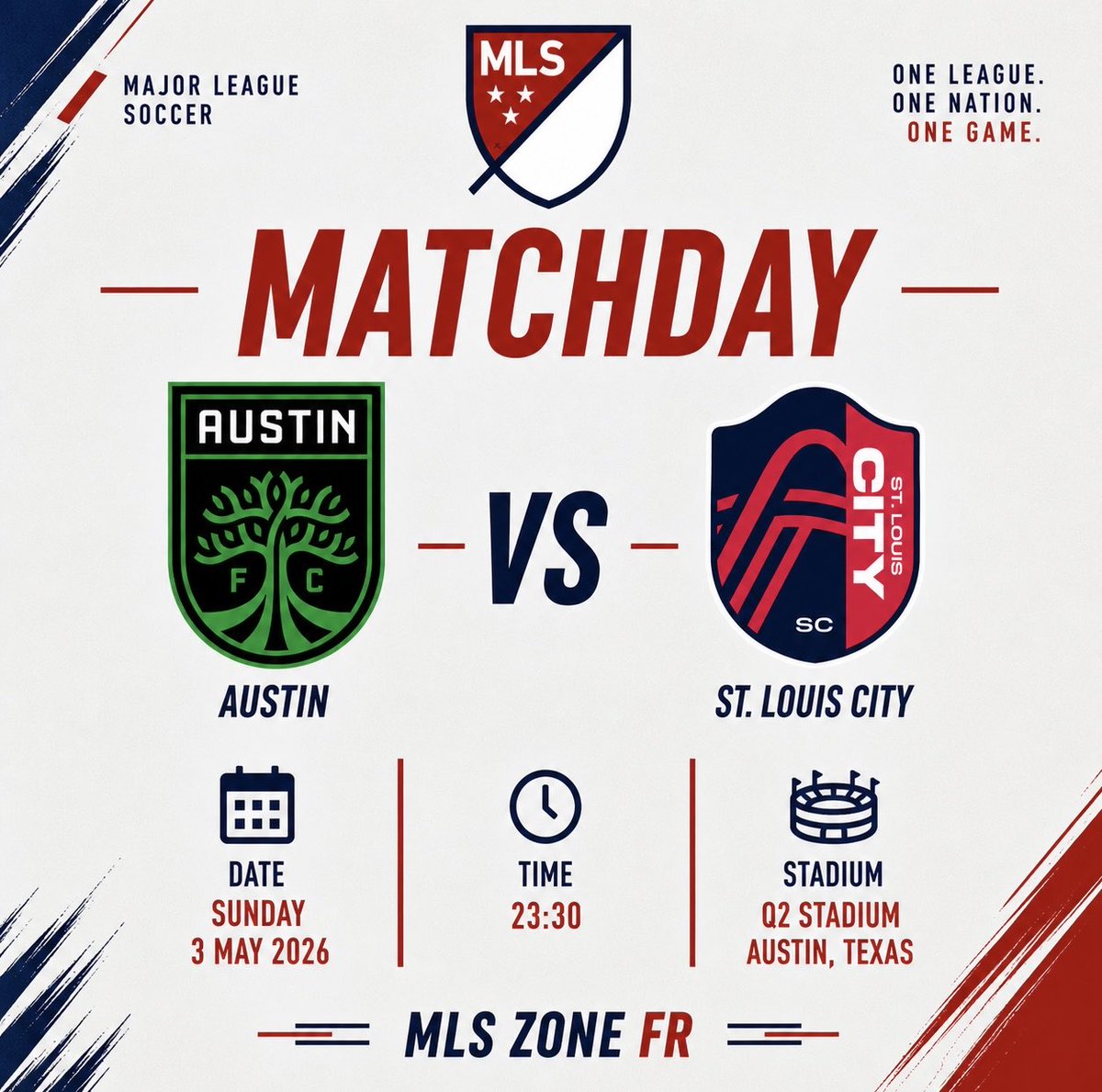 Mlszonefr's tweet image. ⚽ MATCHDAY 🏟️
🌵 Austin FC 🆚 St. Louis City SC
📅 Dimanche 3 mai
🕙 23h30
🏟️ Q2 Stadium, Austin
Le dernier match de la soirée MLS 🔥
#AustinFC #StLouisCity #MLS