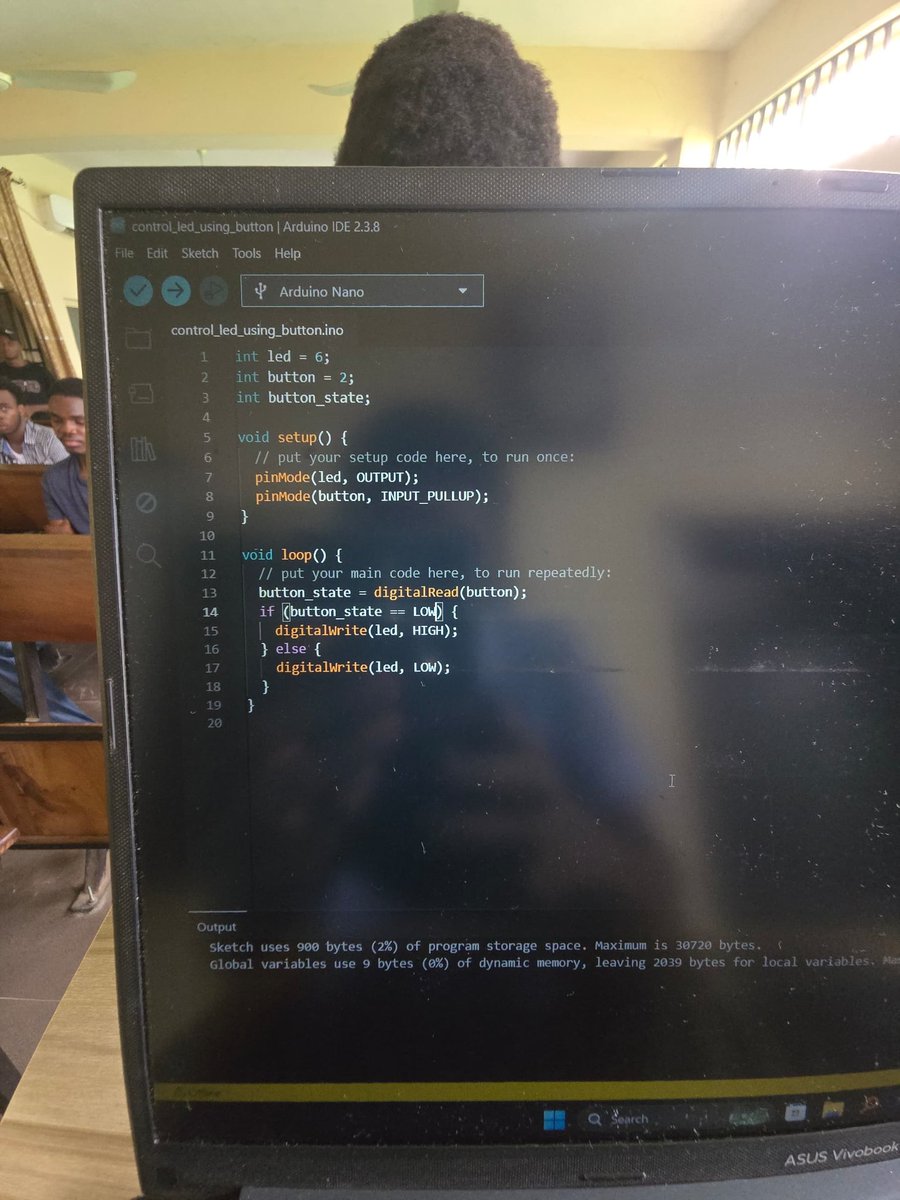 seees_ui's tweet photo. We kicked things off with an assignment review where we simulated using a tact switch to control an LED before introducing the concept of the internal digital input pull-up resistor to simplify our circuit wiring. https://t.co/KvXrDMs9NM