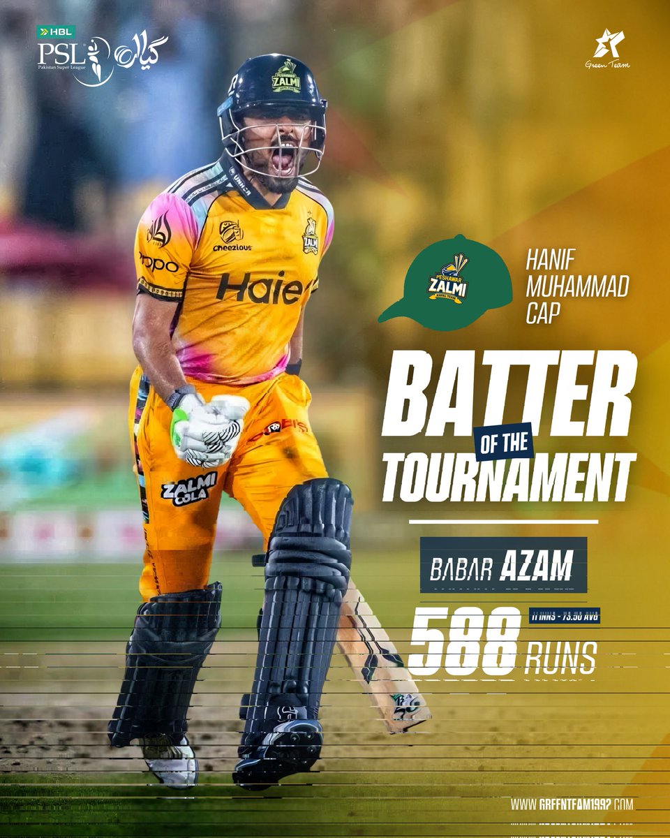 GreenTeam1992's tweet image. Peshawar Zalmi captain Babar Azam was awarded the Hanif Mahmood Cap for Best Batter of the tournament.

He scored 588 runs during the tournament, including two centuries.

#HBLPSL11 | #Cricket | #GreenTeam | #OurGameOurPassion | #KhelKaJunoon