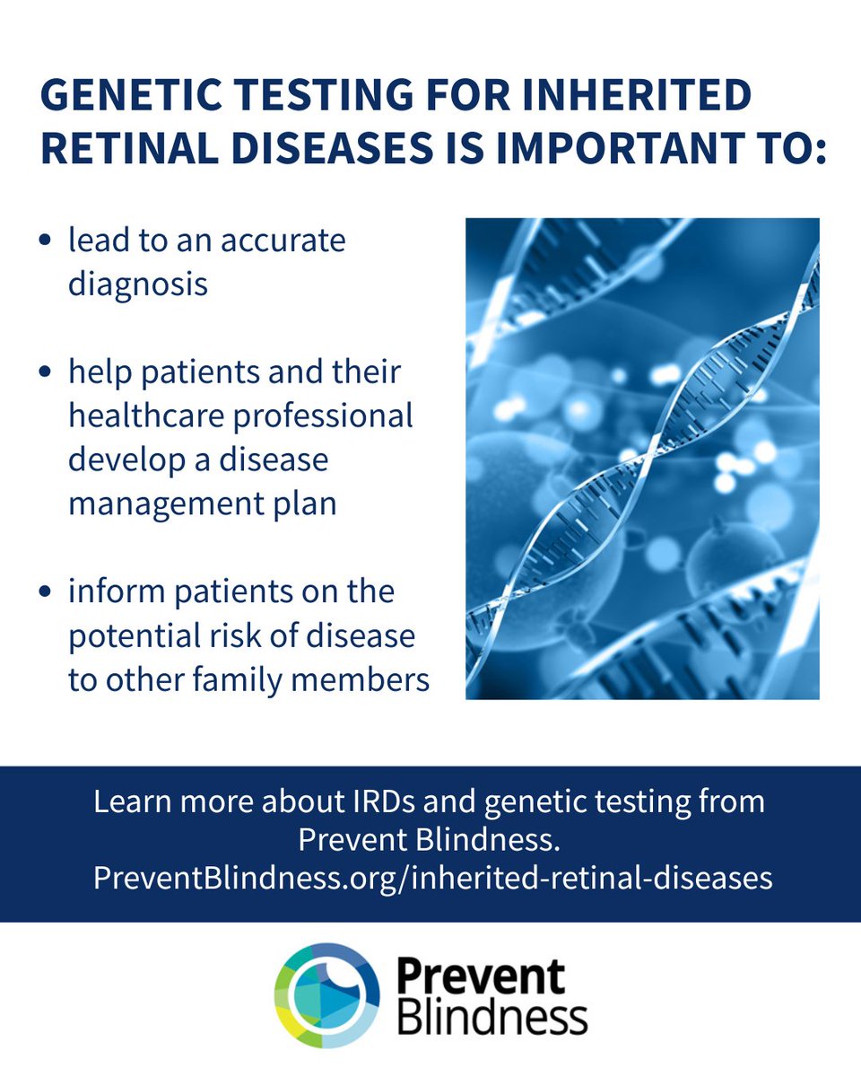 PBA_savingsight's tweet photo. Genetic testing for inherited retinal diseases (IRDs) is important to:

• Lead to an accurate diagnosis
• Help patients and their healthcare professional develop a disease management plan
• Inform patients about potential risk to other family members

Understanding your genetics can help you take the next step in your eye health journey.

Learn more about IRDs and genetic testing:
https://t.co/yAvS9WPF3C

This year's IRD and genetic testing month is generously supported by Gold Sponsors @belite_bio, Blue Rock, and Silver Sponsor @alkeuspharma. 

#PreventBlindness #InheritedRetinalDisease #GeneticTesting #IRD #EyeHealth