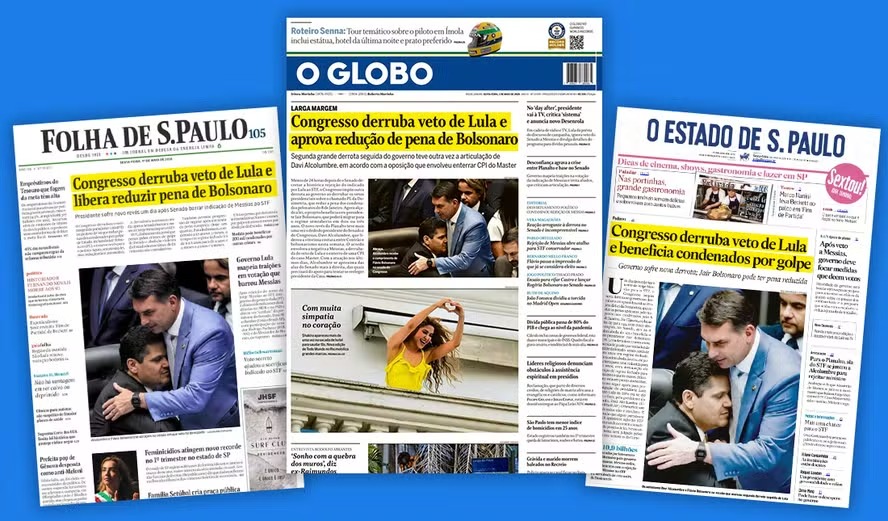 A imagem é eloquente. Olhos fechados, o senador Davi Alcolumbre, sentado na cadeira da presidência do Congresso, deita o rosto no peito do senador Flávio Bolsonaro e por ele é abraçado carinhosamente. A imagem foi escolha unânime para ilustrar os jornais de sexta e é uma dessas