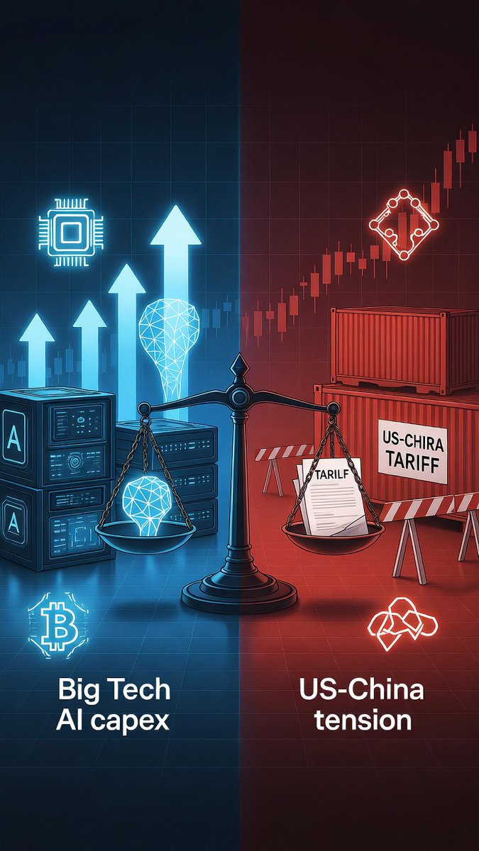 dca_inv3stor's tweet photo. "🔥 AI vs Tariffs: The Real 2026 Battle

The market is laser-focused on two massive forces right now: the accelerating AI infrastructure buildout and the ongoing tariff/geopolitical tensions (especially US-China).

As a long-term multi-asset investor, I see this as a classic setup for selective positioning. Big Tech names with strong AI exposure ($MSFT, $GOOG, $AMZN, $META, $NVDA) continue to benefit from structural demand, while selective China recovery plays and $$BTC offer asymmetric upside if tensions ease or during periods of weakness via disciplined DCA.

No knee-jerk reactions here — same risk score 4 approach since 2019: patience, high-conviction holdings, and compounding over noise.

Question for you, my copiers & community. 
Which of these two forces do you think will dominate markets in the second half of 2026,  AI capex or tariff/trade fragmentation? 
Or is there a third factor I'm missing? 

Drop your view below 👇

#AI #Tariffs #LongTermInvesting #BigTech #Crypto #eToroPI
" via @eToro https://t.co/MbrqveOZEF