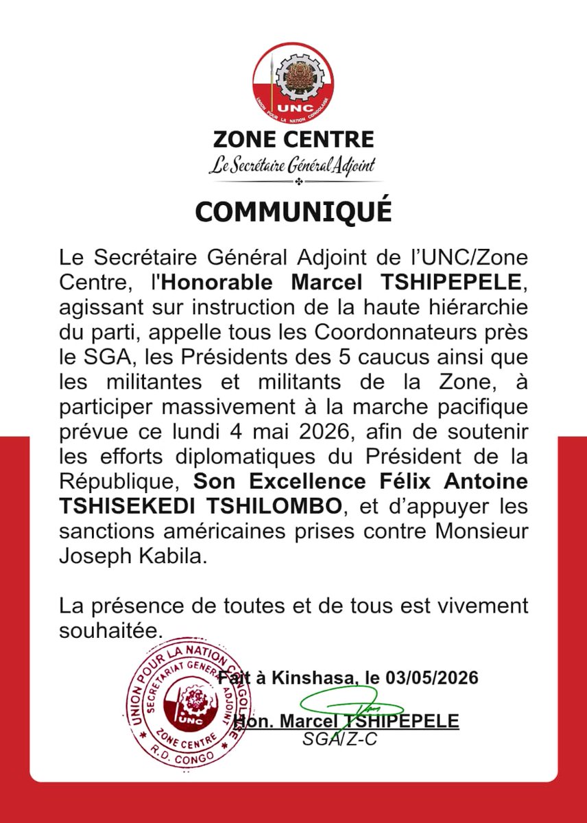 afrinovacd's tweet photo. 🚨 RDC : L’UNC de Vital Kamerhe s’allie à l’UDPS pour une marche pacifique ce lundi 4 mai à Kinshasa.
Objectif : soutenir les efforts diplomatiques de Tshisekedi et les sanctions américaines contre Joseph Kabila.
Rassemblement à 8h, boulevard Triomphal → ambassade US. ⚪ https://t.co/l5z6Mb2cpJ