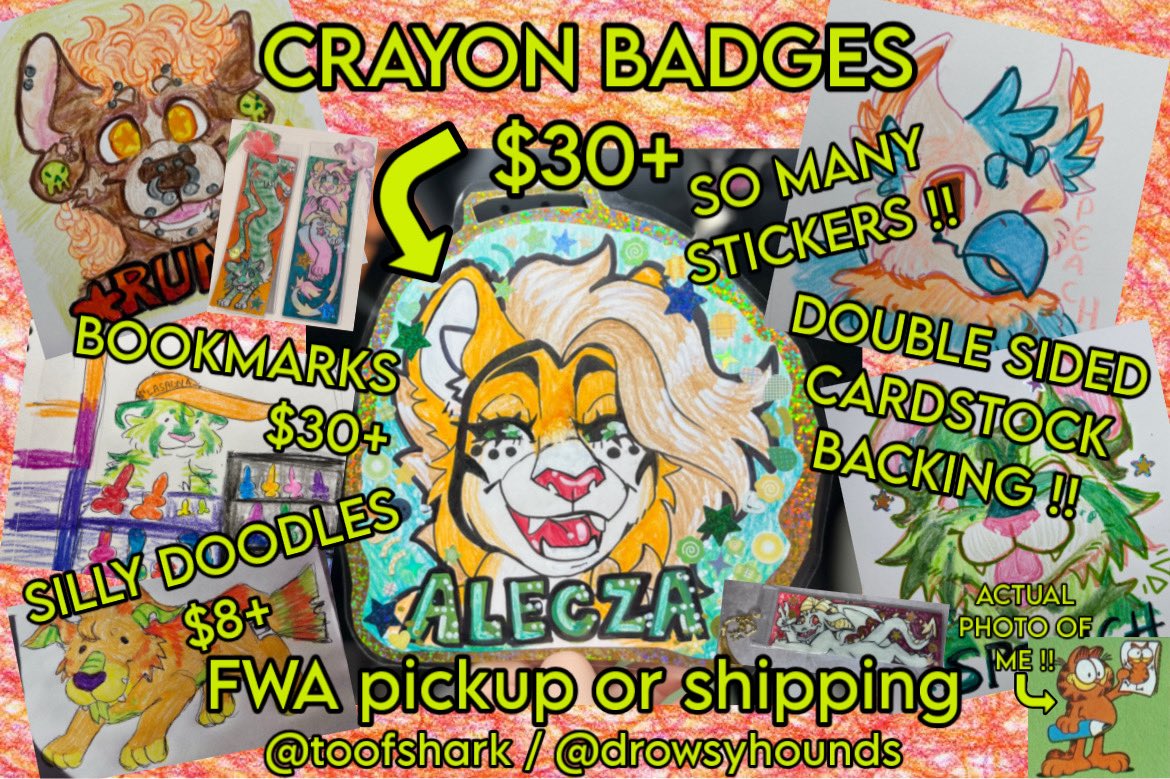 toofshark's tweet photo. ‼️ LAST CALL FOR #FWA PICKUP ‼️ (shipping also available!) 
traditional badges and bookmarks have been discounted to $30+
ALSO i’m offering silly crayon doodles starting at $8 !!
if anyone’s interested please hmu ! 🖍️💫
shares appreciated :) https://t.co/b6iqEAPNlY