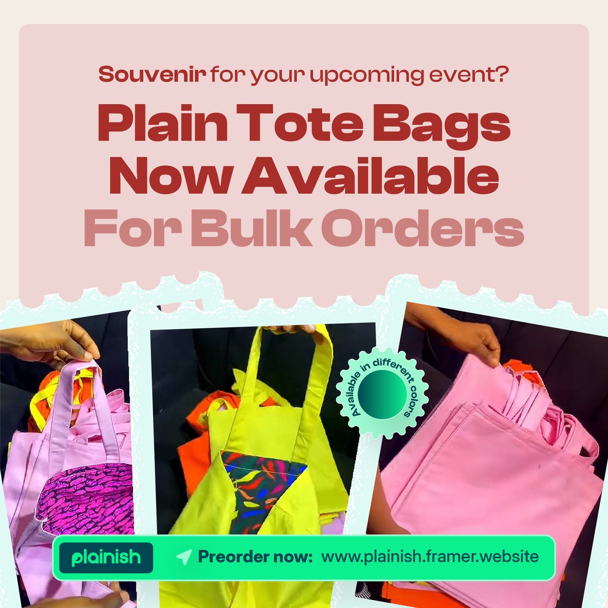 If you’ve been meaning to get a Plain Tote Bag,
We’re the best place to land.

Clean, well-crafted and durable.

• One-sided: ₦4,000
• Double-sided (in &amp; out): ₦4,500

Different colours available, with discounts on bulk orders.✨

PreOrder here now:👋 plainish.framer.website