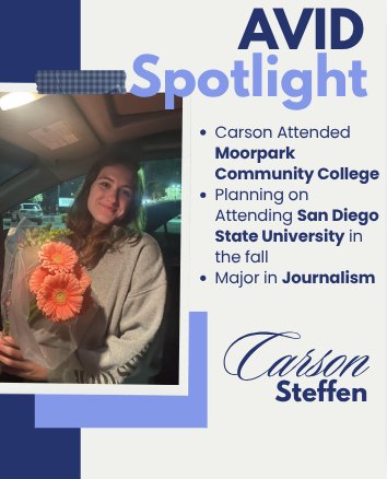 ACHS_AVID's tweet photo. AVID Spotlight on Carson Steffen. Carson attended Moorpark Community college and is now planning on attending San Diego State University in the fall. She plans on majoring in Journalism. Congratulations! https://t.co/geLXg2d6gu