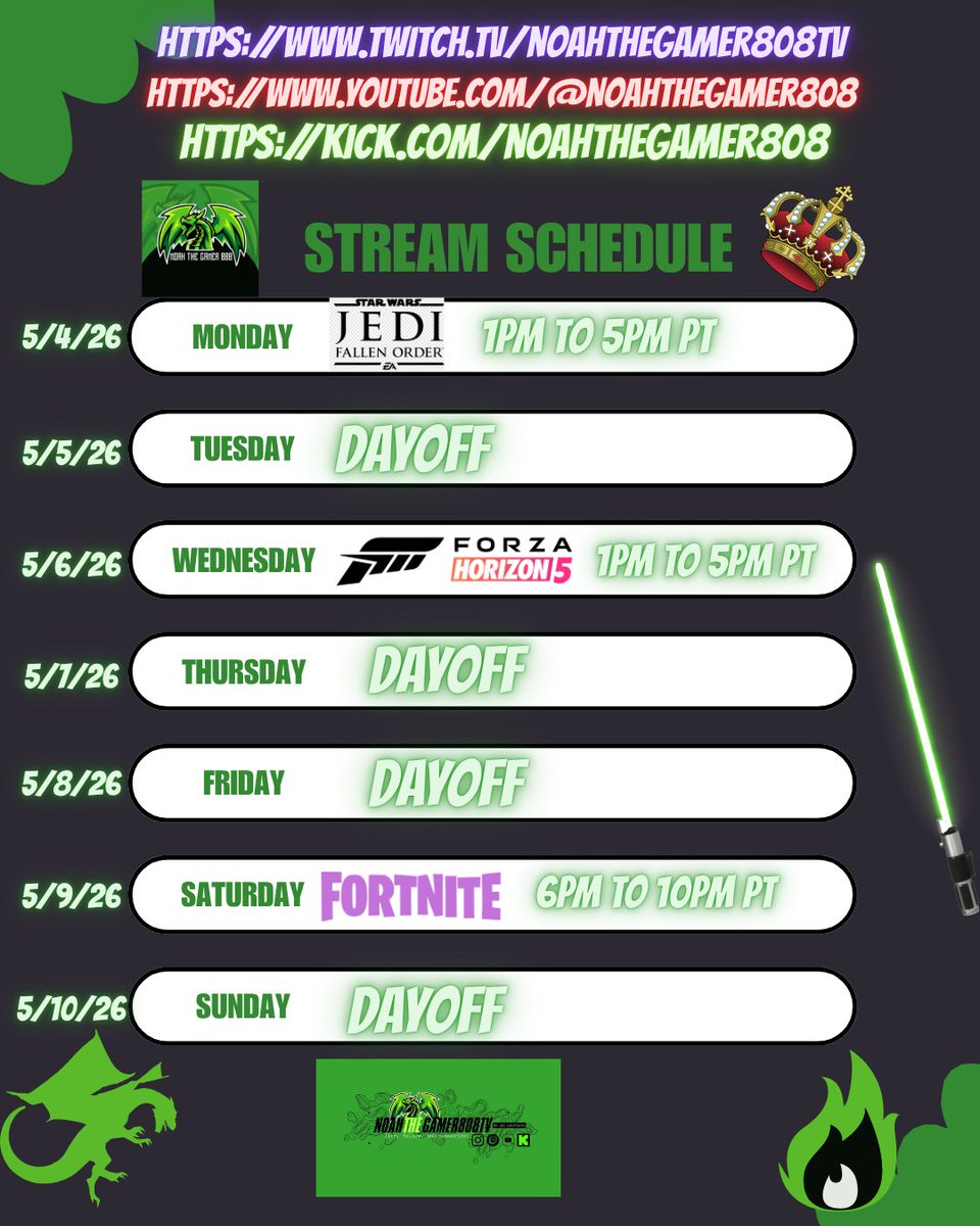 NoahTheGamer808's tweet image. New month, new lineup! Star Wars Jedi Survivor returns for a replay, Forza Horizon 5 is back to hype FH6, and Fortnite stays locked in for Saturday Community Night. Hope you enjoy the May vibes! #fortnite #Multistreaming #gamingcommunity #twitch #kick #YouTube #Gamer
