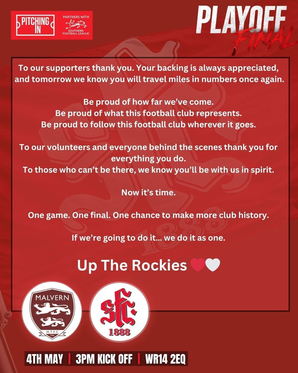 SFC1888's tweet photo. 𝗔 𝗠𝗲𝘀𝘀𝗮𝗴𝗲 𝗳𝗿𝗼𝗺 𝘁𝗵𝗲 𝗖𝗵𝗮𝗶𝗿𝗺𝗮𝗻 𝗮𝗵𝗲𝗮𝗱 𝗼𝗳 𝘁𝗼𝗺𝗼𝗿𝗿𝗼𝘄’𝘀 𝗺𝗮𝘀𝘀𝗶𝘃𝗲 𝗣𝗹𝗮𝘆-𝗢𝗳𝗳 𝗙𝗶𝗻𝗮𝗹 𝗮𝘁 𝗠𝗮𝗹𝘃𝗲𝗿𝗻 𝗧𝗼𝘄𝗻 ✍️

Tomorrow is the kind of day every player, supporter, volunteer and committee member dreams about.

A huge game. A sold-out crowd. History there to be written.

Scroll through the images to read what Steve Coffen has to say ahead of this huge game.

Up The Rockies ❤️🤍