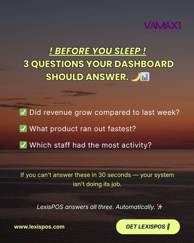 Vamaxitech's tweet image. Can your dashboard answer 3 vital questions in 30 seconds? 🌙📊

Track revenue growth, stock levels, and staff activity automatically. If your current system isn't doing its job, it’s time for LexisPOS. Get the answers you need! 

lexispos.com
#LexisPOS #Data #Success