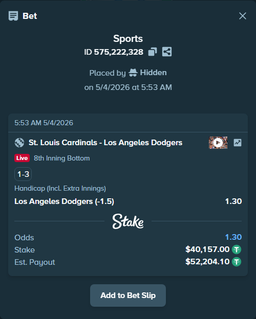 stakehighroller's tweet image. Reckless play — $40,157 on St. Louis Cardinals - Los Angeles Dodgers. That's a position.

Slip here: stake.com/sports/home?ii…

#Baseball #MLB