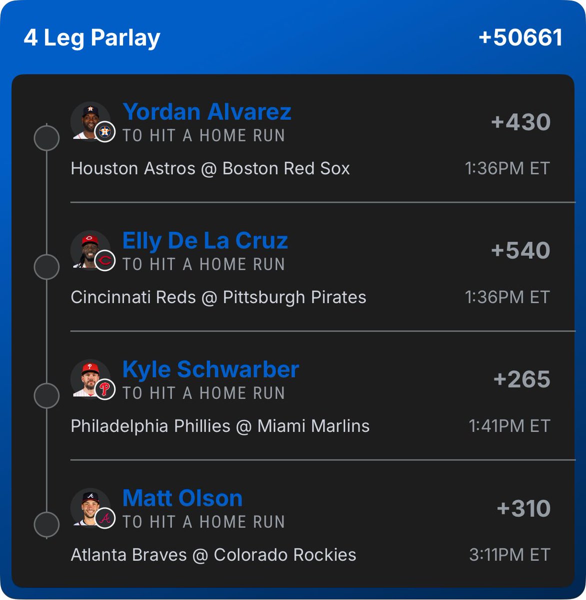 4 LEG HR BOMB ☄️

Yordan
Elly
Schwarber
Olson

Power + spots + upside

$1 → $507.61 💰

This is the one you sprinkle and let it fly

#MLB #SportsBetting #GamblingTwitter #HomeRun #FreePicks