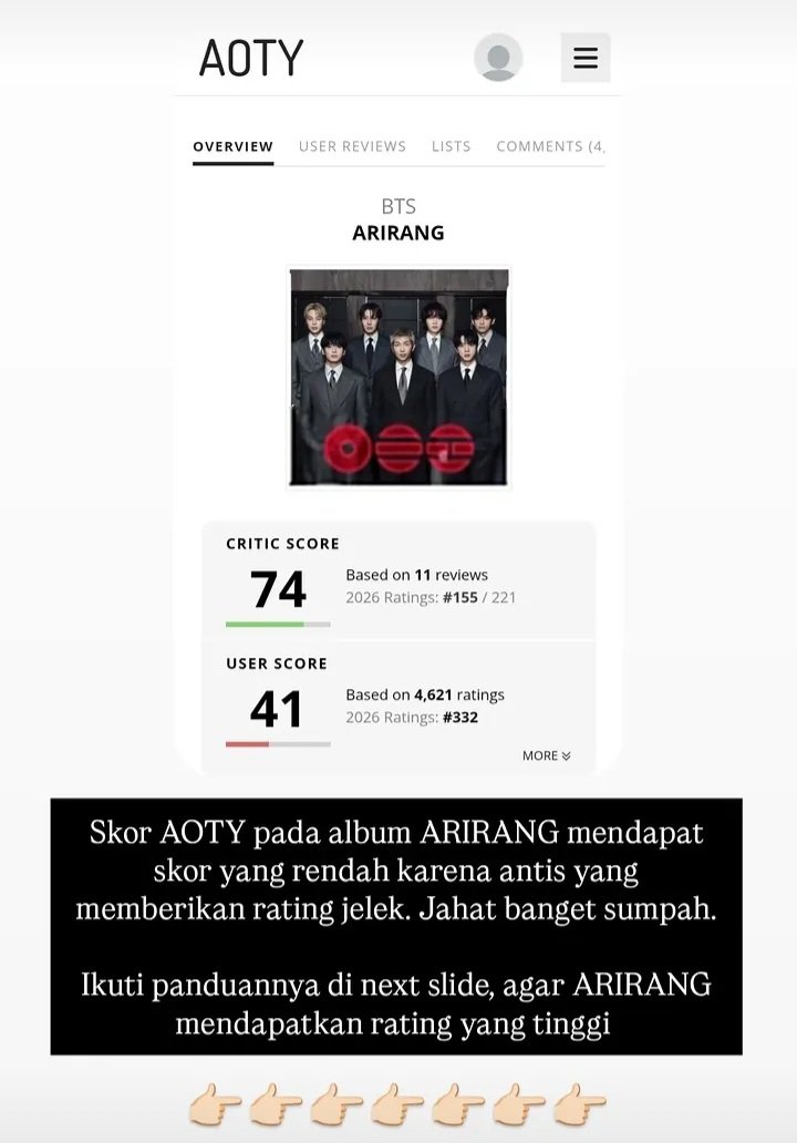 SeoShowMe7's tweet photo. @aiukimaru Sorry oot, minta tolong bantu sebarin ini dan dilakuin juga yaa. Skor AOTY pada album ARIRANG BTS mendapatkan skor yang rendah (41) karena antis yang terus-menerus memberikan rating rendah. Yuk kita tinggiin bareng² my, pliss demi bangtan, ini linknya https://t.co/jRpbdSu306 https://t.co/R1jkz2Nkzh