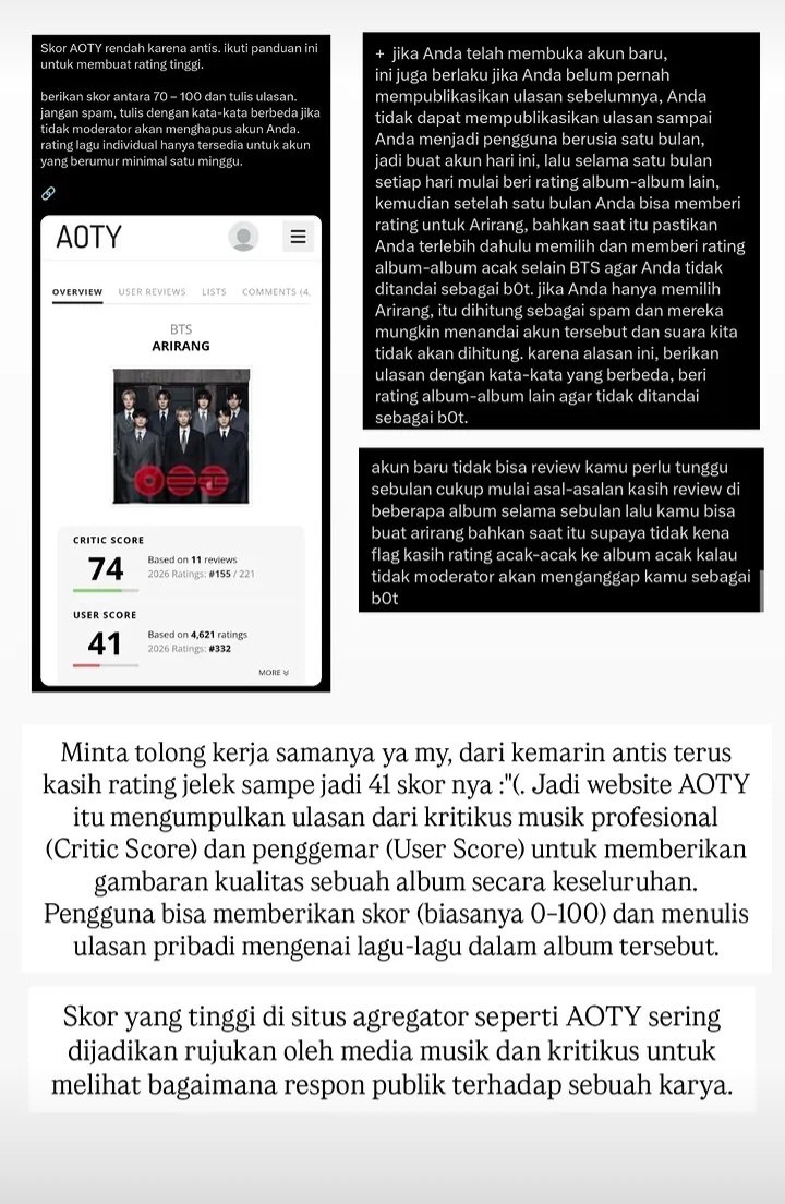 SeoShowMe7's tweet photo. @aiukimaru Sorry oot, minta tolong bantu sebarin ini dan dilakuin juga yaa. Skor AOTY pada album ARIRANG BTS mendapatkan skor yang rendah (41) karena antis yang terus-menerus memberikan rating rendah. Yuk kita tinggiin bareng² my, pliss demi bangtan, ini linknya https://t.co/jRpbdSu306 https://t.co/R1jkz2Nkzh