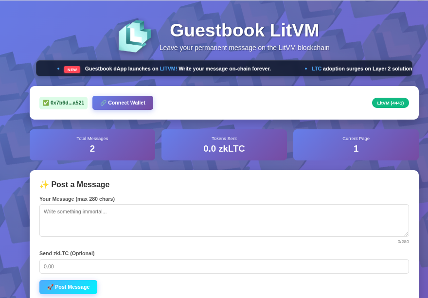 EDSOSI's tweet image. 🚀 Guestbook LitVM LIVE! 📝 Write immutable messages on-chain + 💎 tip with zkLTC. Built on LitVM Testnet (Chain 4441). Try: …ook-litvm-complete-project.vercel.app @LTCFoundation @zkltcLESTER #Web3 #LTC .
