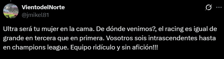 Lo siento por la gente del Racing de Santander por tener retrasados así, no os representa. Como en todas las aficiones.

Y con 44 años la criatura hace tremendo ridículo en las redes 🤡