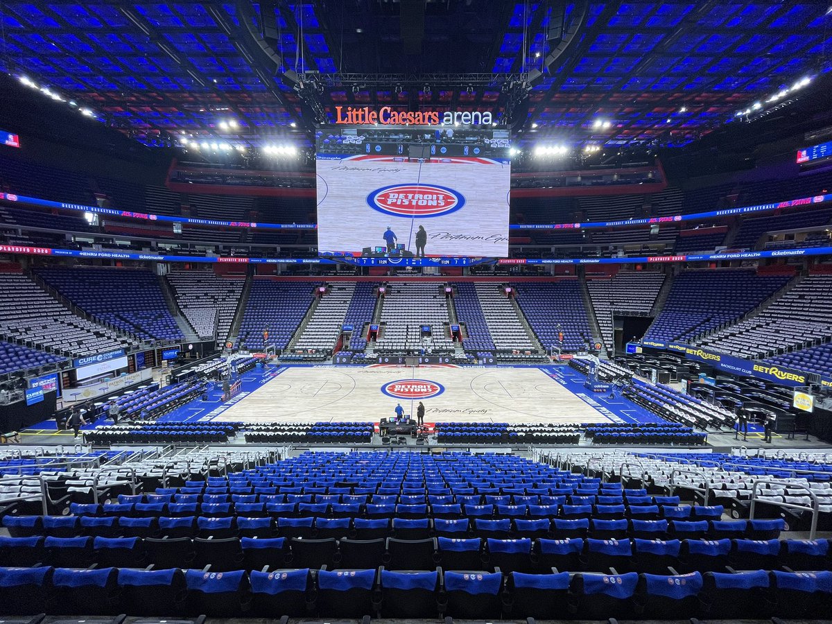 JoshuaBRobbins's tweet photo. Setting the scene for Game 7 this afternoon between the Pistons and Magic in Detroit. The items on the chair backs are "Deeetroit Basketball" towels, alternating from blue to white by section: https://t.co/2CU0PHnvzy