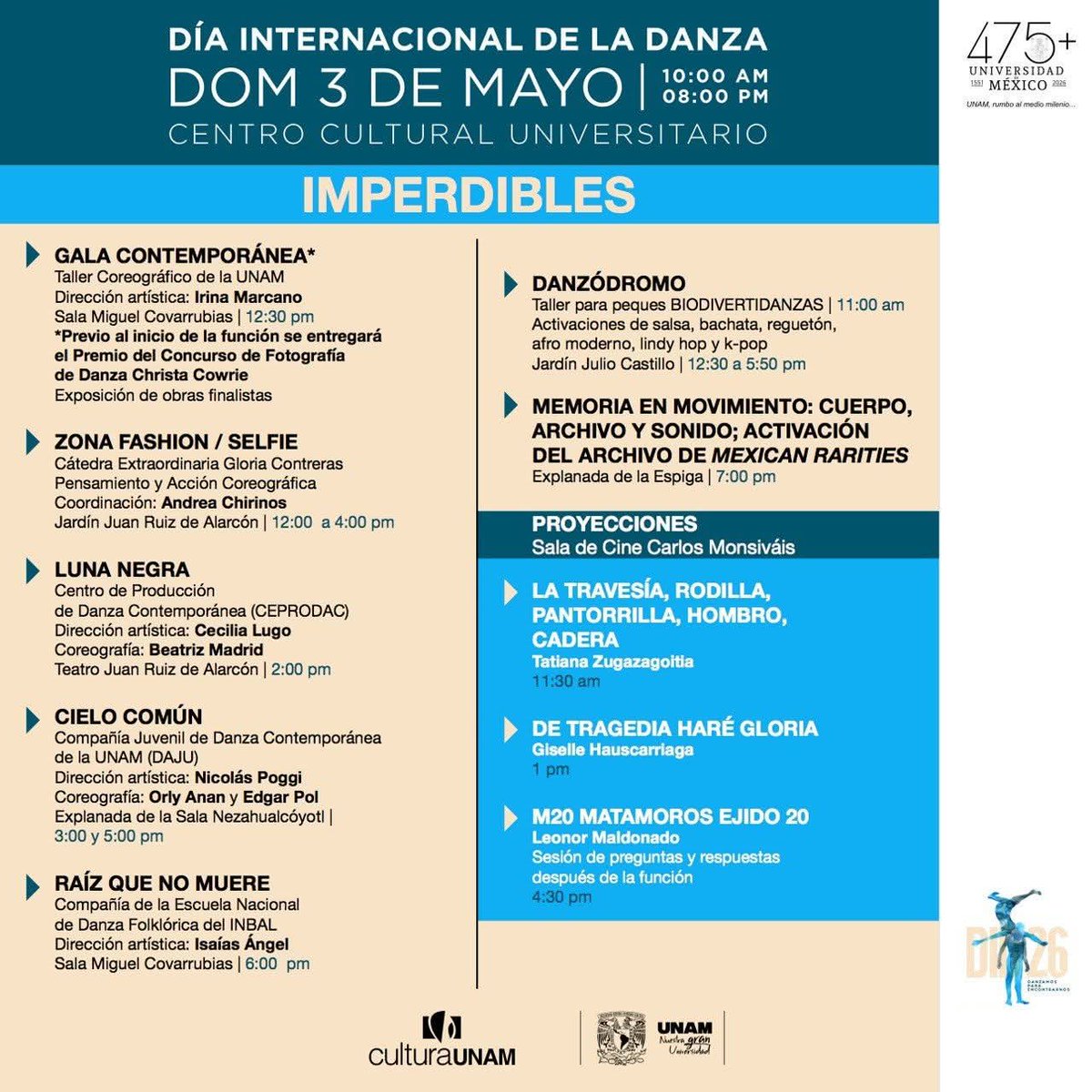 CulturaUNAM's tweet photo. 💥🩰 ¡Es hoy! El Día Internacional de la #Danza se vive en el #CCU
De 10 am a 8 pm, bailamos para encontrarnos. Estos son los imperdibles: 👇
📍 Centro Cultural Universitario
🎟 Entrada libre
#DID26
@DanzaUNAM
@TCUNAMOficial
@CatedraGCDanza
@FilmotecaUNAM https://t.co/I1DwHH9qRH