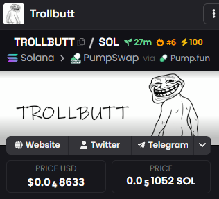 Trollbutt_sol's tweet photo. $Trollbutt has been entered into DEXScreener hotpair.

https://t.co/wTWA84CuI9 https://t.co/ETysMlRFjH
