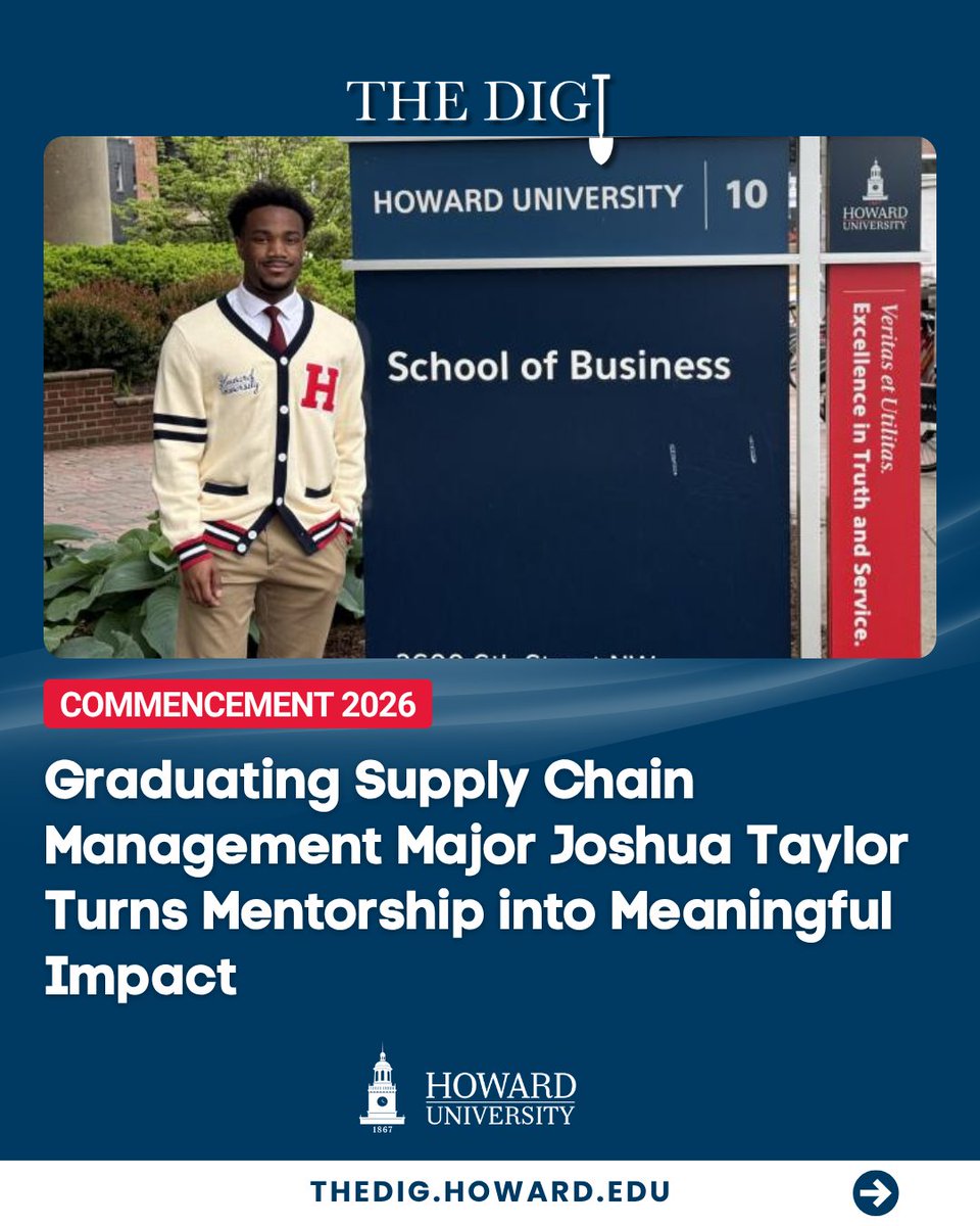 HowardU's tweet photo. From Houston to the Hilltop, graduating senior Joshua Taylor has turned mentorship into a meaningful mission. 

With a new role at HP Inc. and a goal to revolutionize sports procurement, he’s a "beacon of light" for the School of Business.

Read the full story on The Dig: https://t.co/CGwzpI8uDn

#HowardUniversity #HU26