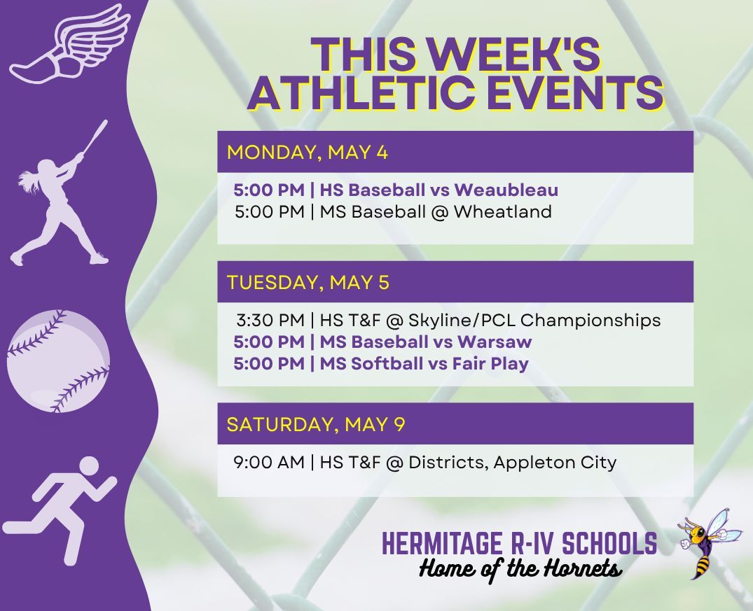 HermitageSchool's tweet image. #GAMEPLAN: Middle school spring sports finish up this week with a chance to see both ball teams in one last home game at Pickering Park on Tues, while HS T&amp;amp;F heads into post-season action on Sat. 👟⚾️🥎💜💛 #HornetSports #WeAreHermitage #TimelessTradition