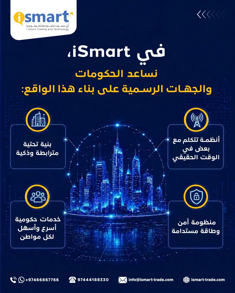 IsmartTrade's tweet image. 🏙️ المدن الذكية = أنظمة مترابطة
مع iSmart: مدن أذكى 🚀
📲 +97466867766
🏙️ Smart cities = connected systems
With iSmart 🚀
📲 +97466867766
#SmartCity