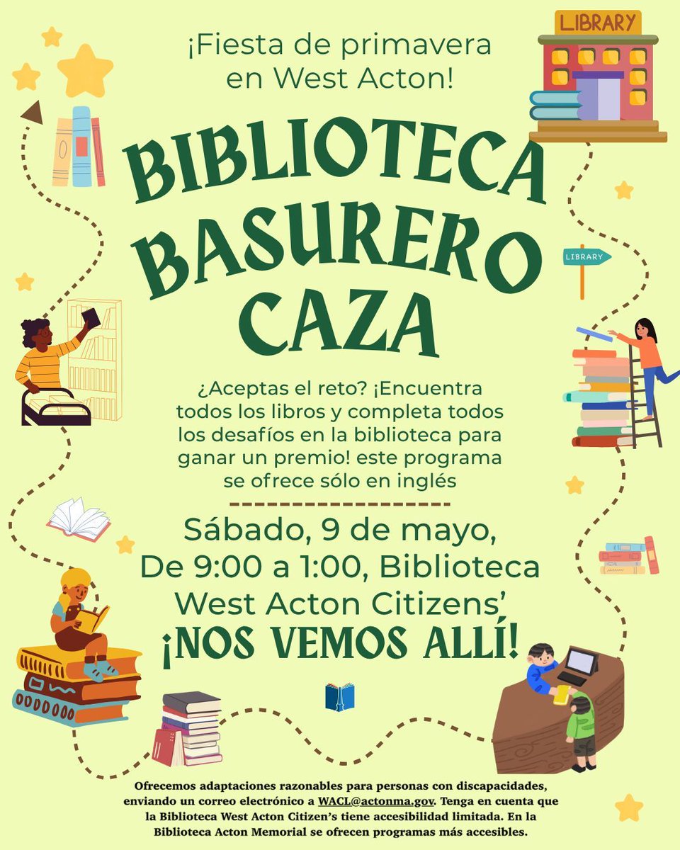 ActonCitLibrary's tweet photo. Stop by the library during the West Acton Spring Fling for a library scavenger hunt!

See bio for accessibility info. https://t.co/VO3PllOJox