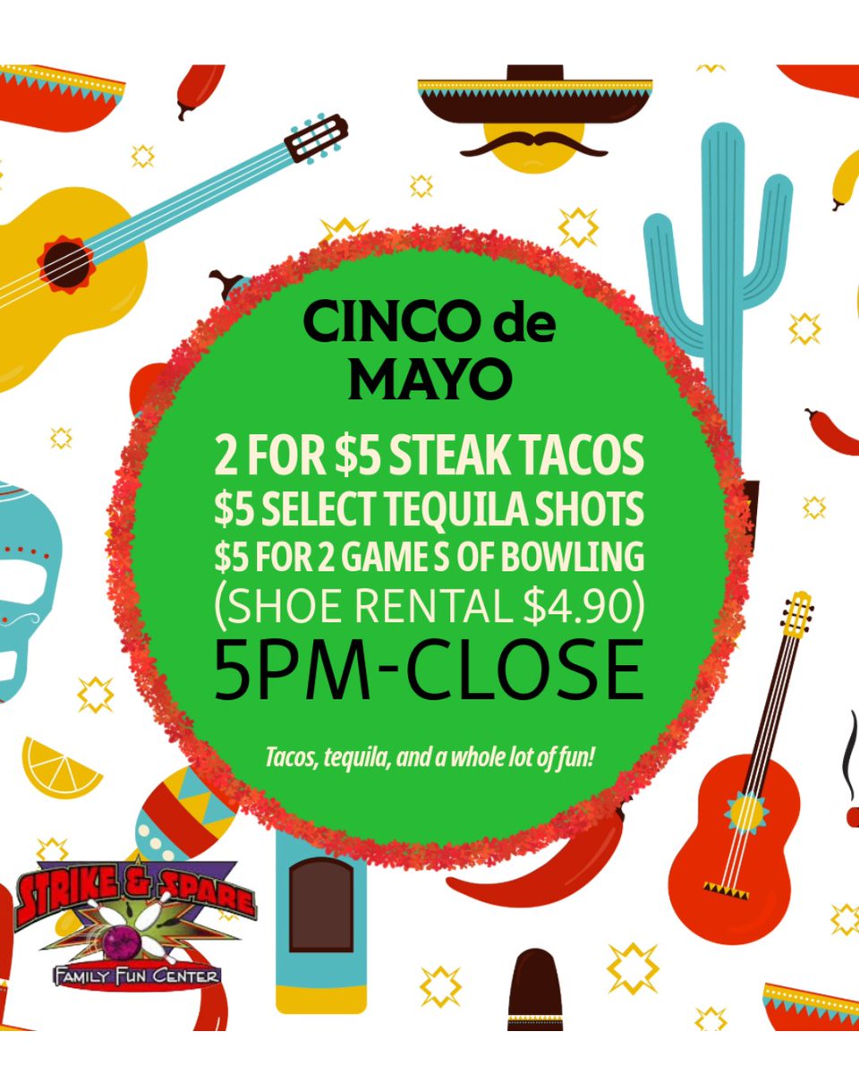 shopstonesriver's tweet image. Cinco de Mayo at @murfreesboross 🎉🎳
🌮 $5 tacos
🥃 $5 tequila
🎳 $5 bowling
⏰ 5/5/2026, 5PM–close

Let’s roll 🔥
#CincoDeMayo #GameNight