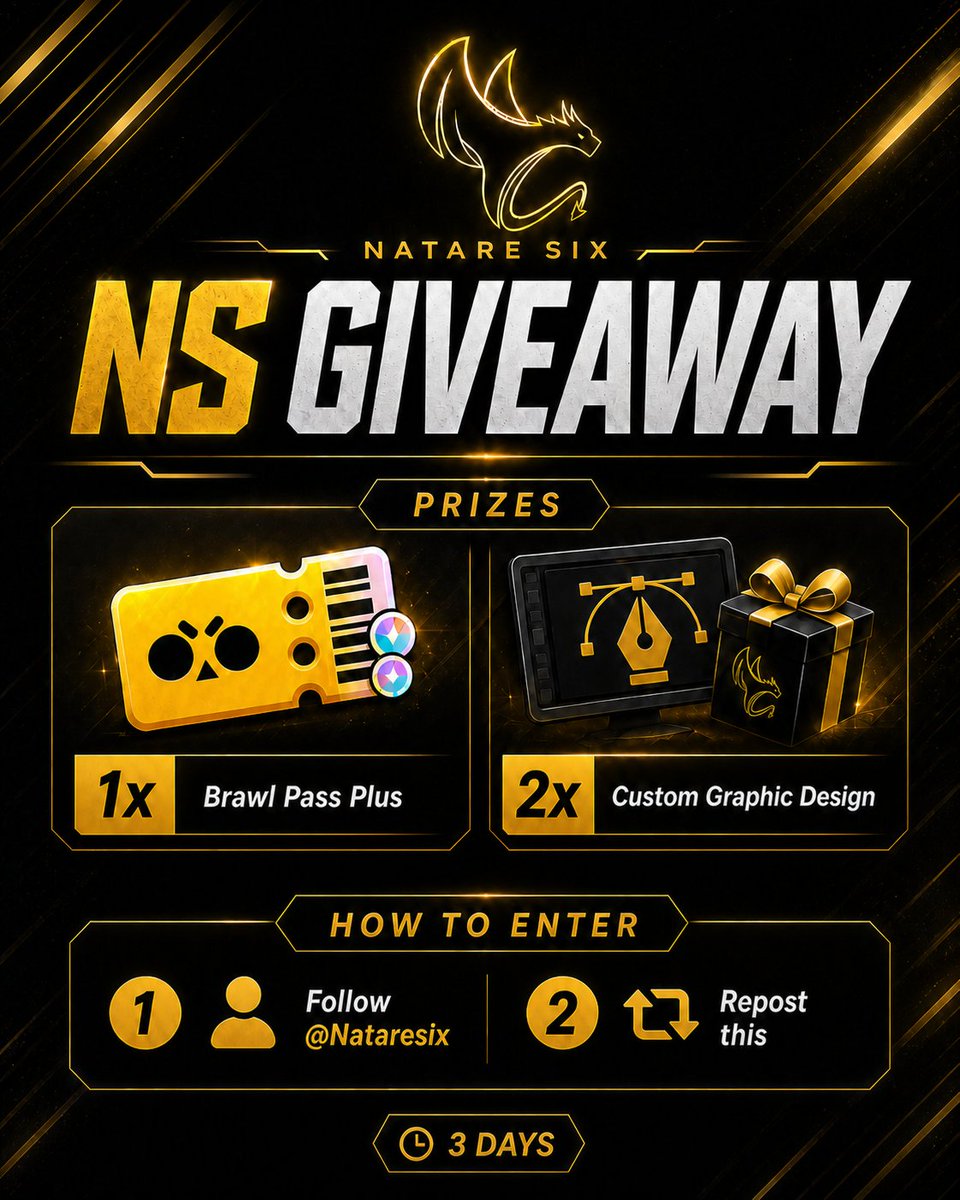 🎁 NS GIVEAWAY 

Prizes:
🎮 1x Brawl Pass Plus
or
🎨 2x Custom graphic design by NS

To enter:
✅ Follow <a href="/Nataresix/">Natare Six</a>
🔁 Repost this

Duration: 3d - 1 winner

👀 And this is just the beginning.
Our Community Event is launching soon - earn real prizes just by being active.

#NSWIN