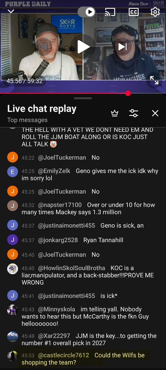 LemonSourShow's tweet photo. @PhilMackey @jzulgad @SKORNorth I could feel the Vikings may be up for sale and I asked it in your live chat, highlighted at the bottom of the screenshot my YT name is CastleCircle. PD listeners know the purple.
 https://t.co/8VckcTtEYf https://t.co/PJCOMqfmIX https://t.co/ct7tSHayd1