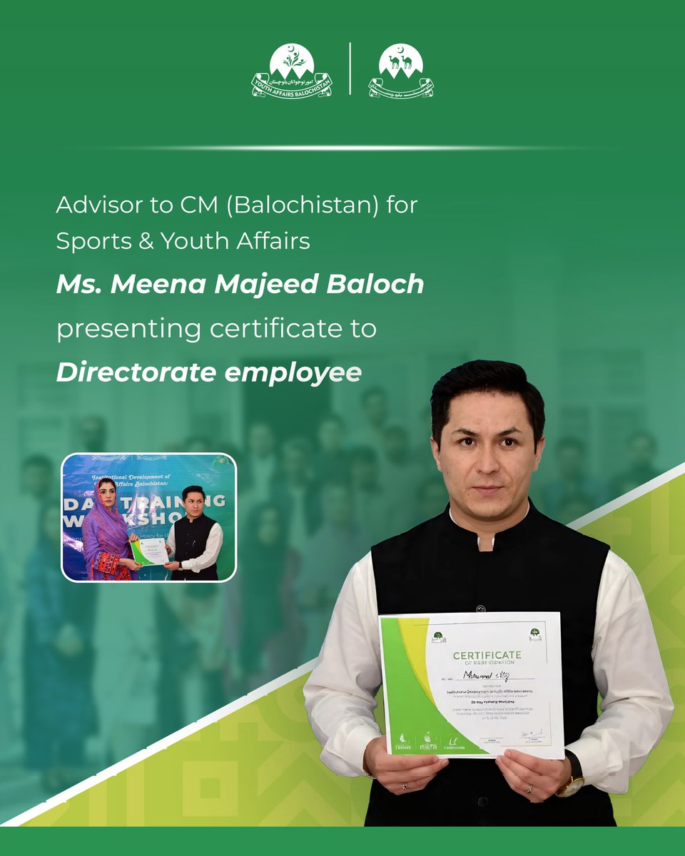 dyabpk's tweet photo. Advisor to CM Balochistan for
Sports & Youth Affairs
Ms. Meena Majeed Baloch
presenting certificate to
Directorate employee
#BYSEDP #Institutionaldevelopment #YouthEmpowerment #Balochistan https://t.co/WHqvk23v3n