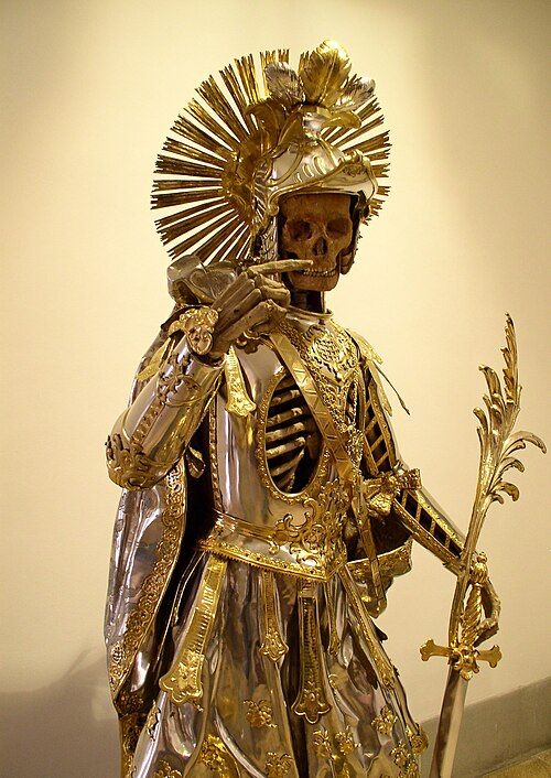 The armored skeleton of Saint Pancratius is a striking example of a “catacomb saint,” preserved in the Church of St. Nikolaus in Wil, Switzerland.