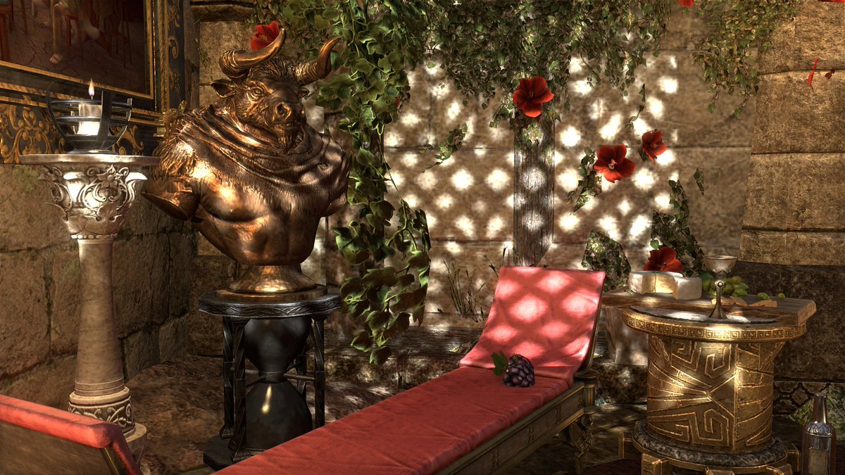 Ukhlog's tweet photo. May have missed the deadline for a contest – doh – but really enjoyed creating a home for a Minotaur. Though rather refined, he can’t quite hide his nature… (‘Minotaur Hideaway’, House of the Silent Magnifico on PC/EU)
#ESOHousing #ElderScrolls https://t.co/8n8V2D1DQd