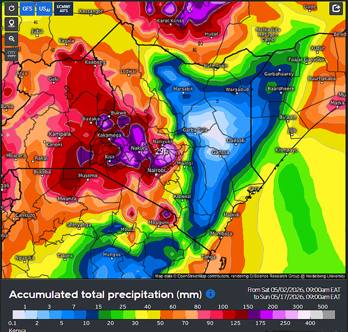 MaithyaVilivu's tweet photo. Two weeks precipitation accumulation charts by ECMWF, GFS & US-AI models depict cessation of rains in much of the Coastal region (spare for the areas along the Indian Ocean shoreline), Eastern and North Eastern within the two weeks to mid-May as the lower atmosphere winds in these regions diverge, allowing sinking of upper atmospheric air, due to establishment of the South Western Indian Ocean monsoon winds.

In contrast, heavy disruptive rains continue unabated in most of Central, Mt #Kenya , The Rift, Western & Nyanza Counties. These rains are driven by the ITCZ and enhanced by the recent high amplitude Madden Julian Oscillation wave entering phase 1 & 2, which has ensured sustained westerly wind anomalies from the Congo basin into the Rift, Western & Nyanza. The three best-skilled medium range forecast models are well-aligned in regards to this forecast.
GFS is particularly aggressive, showing over 320mm in Central Rift, ECMWF depicts up to 300mm in mt. Kenya while the US-AI shows heavy rain in Mt Kenya, Elgon, Kilimanjaro.
Likely flash flooding episodes in the Lower Tana Basin, Rift Valley & Nyanza. Mudslides already reported in parts of The Rift & Central.