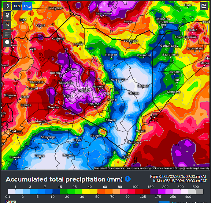 MaithyaVilivu's tweet photo. Two weeks precipitation accumulation charts by ECMWF, GFS & US-AI models depict cessation of rains in much of the Coastal region (spare for the areas along the Indian Ocean shoreline), Eastern and North Eastern within the two weeks to mid-May as the lower atmosphere winds in these regions diverge, allowing sinking of upper atmospheric air, due to establishment of the South Western Indian Ocean monsoon winds.

In contrast, heavy disruptive rains continue unabated in most of Central, Mt #Kenya , The Rift, Western & Nyanza Counties. These rains are driven by the ITCZ and enhanced by the recent high amplitude Madden Julian Oscillation wave entering phase 1 & 2, which has ensured sustained westerly wind anomalies from the Congo basin into the Rift, Western & Nyanza. The three best-skilled medium range forecast models are well-aligned in regards to this forecast.
GFS is particularly aggressive, showing over 320mm in Central Rift, ECMWF depicts up to 300mm in mt. Kenya while the US-AI shows heavy rain in Mt Kenya, Elgon, Kilimanjaro.
Likely flash flooding episodes in the Lower Tana Basin, Rift Valley & Nyanza. Mudslides already reported in parts of The Rift & Central.