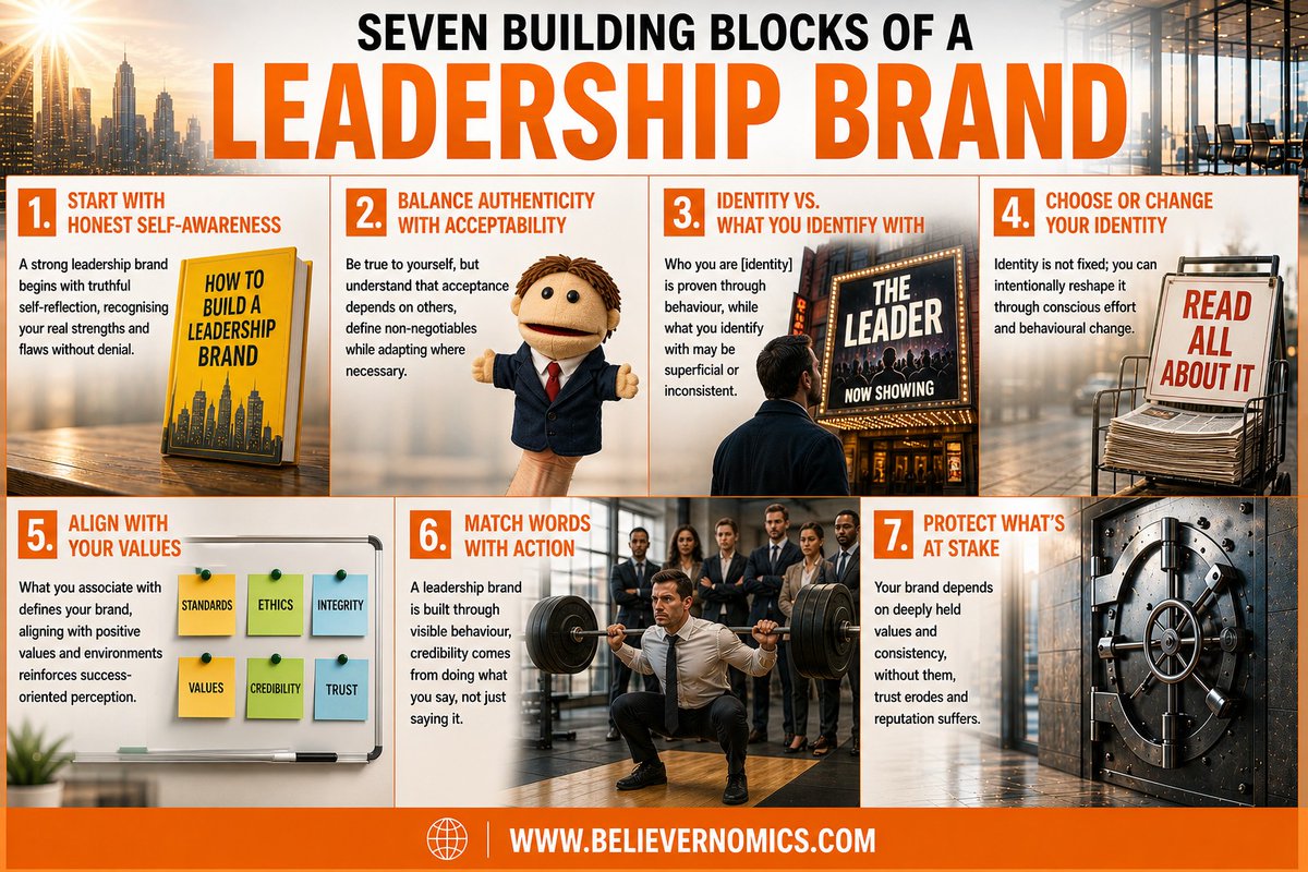 Believernomics's tweet image. Seven building blocks of a leadership brand. #leadership #business #success #startup #infographics #infographic #entrepreneur #sundayvibes #sundaythoughts #sundaymotivation
